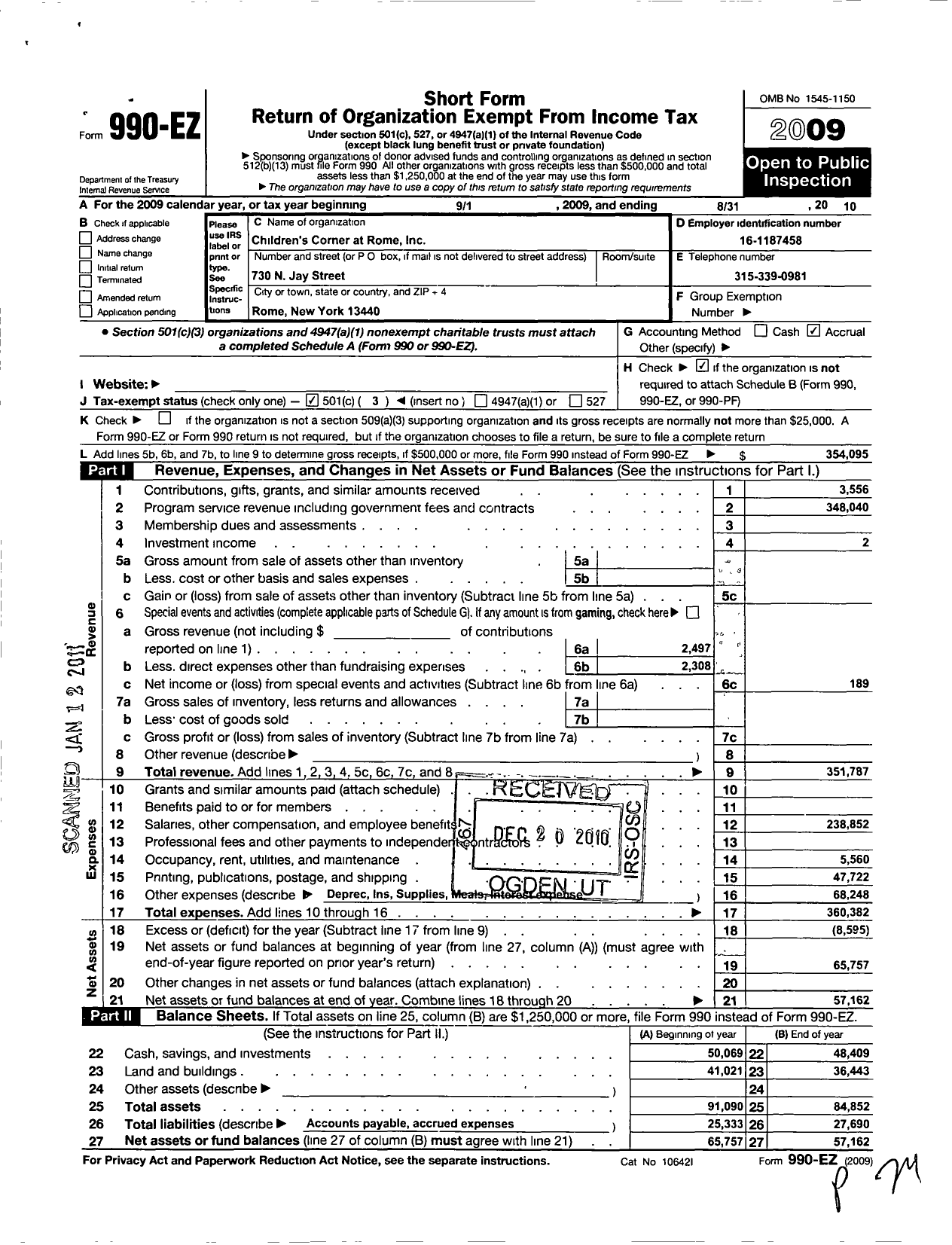 Image of first page of 2009 Form 990EZ for The Childrens Corner at Rome