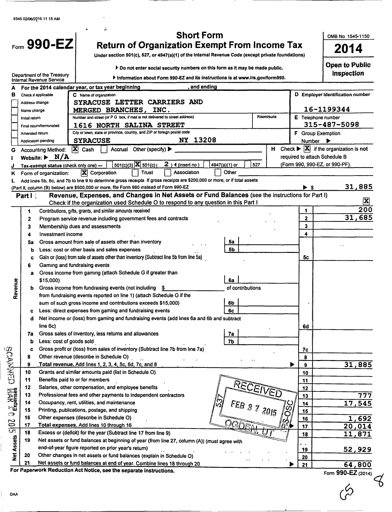 Image of first page of 2014 Form 990EO for Syracuse Letter Carriers and Merged Branches