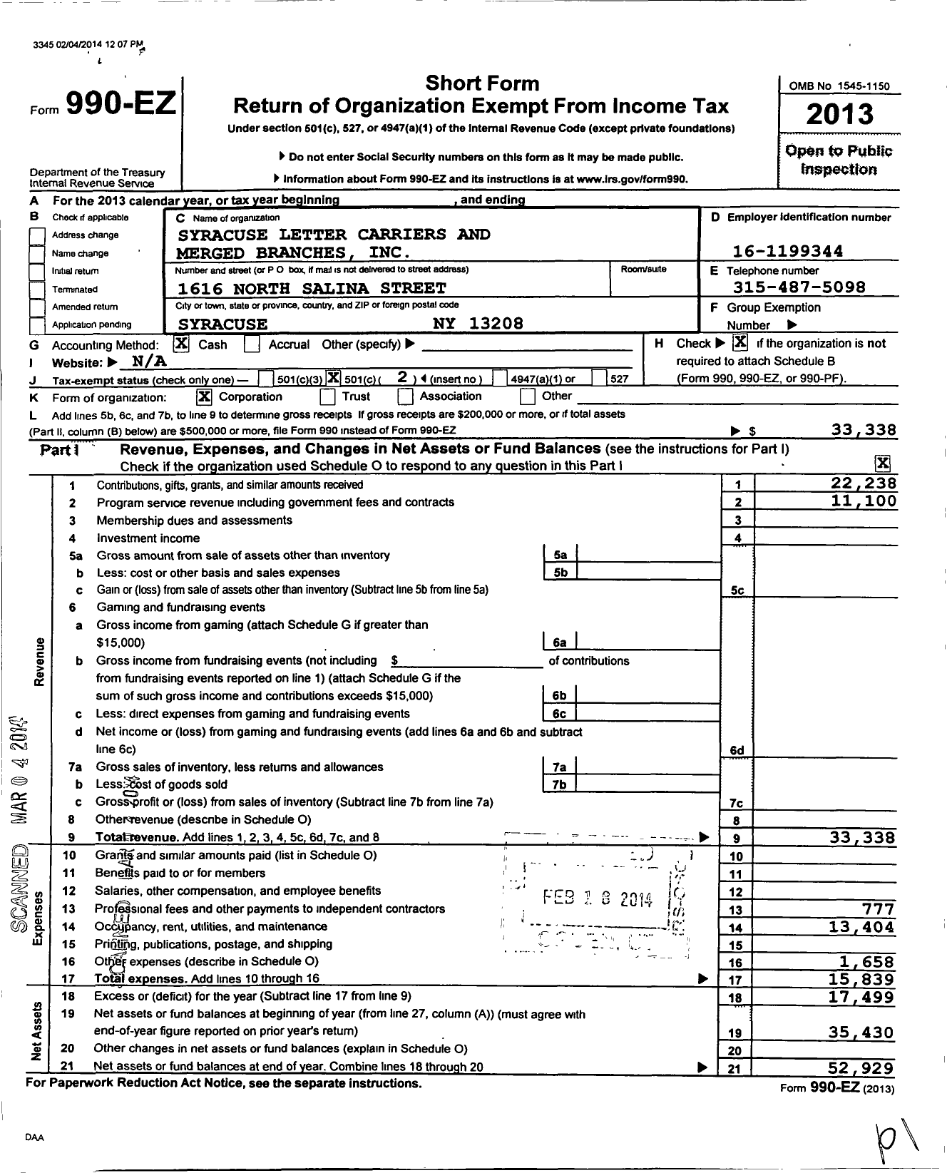 Image of first page of 2013 Form 990EO for Syracuse Letter Carriers and Merged Branches