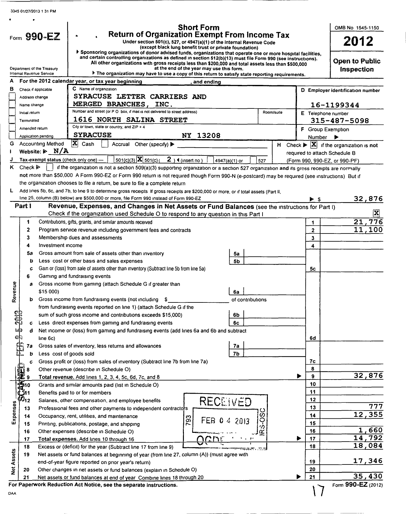 Image of first page of 2012 Form 990EO for Syracuse Letter Carriers and Merged Branches