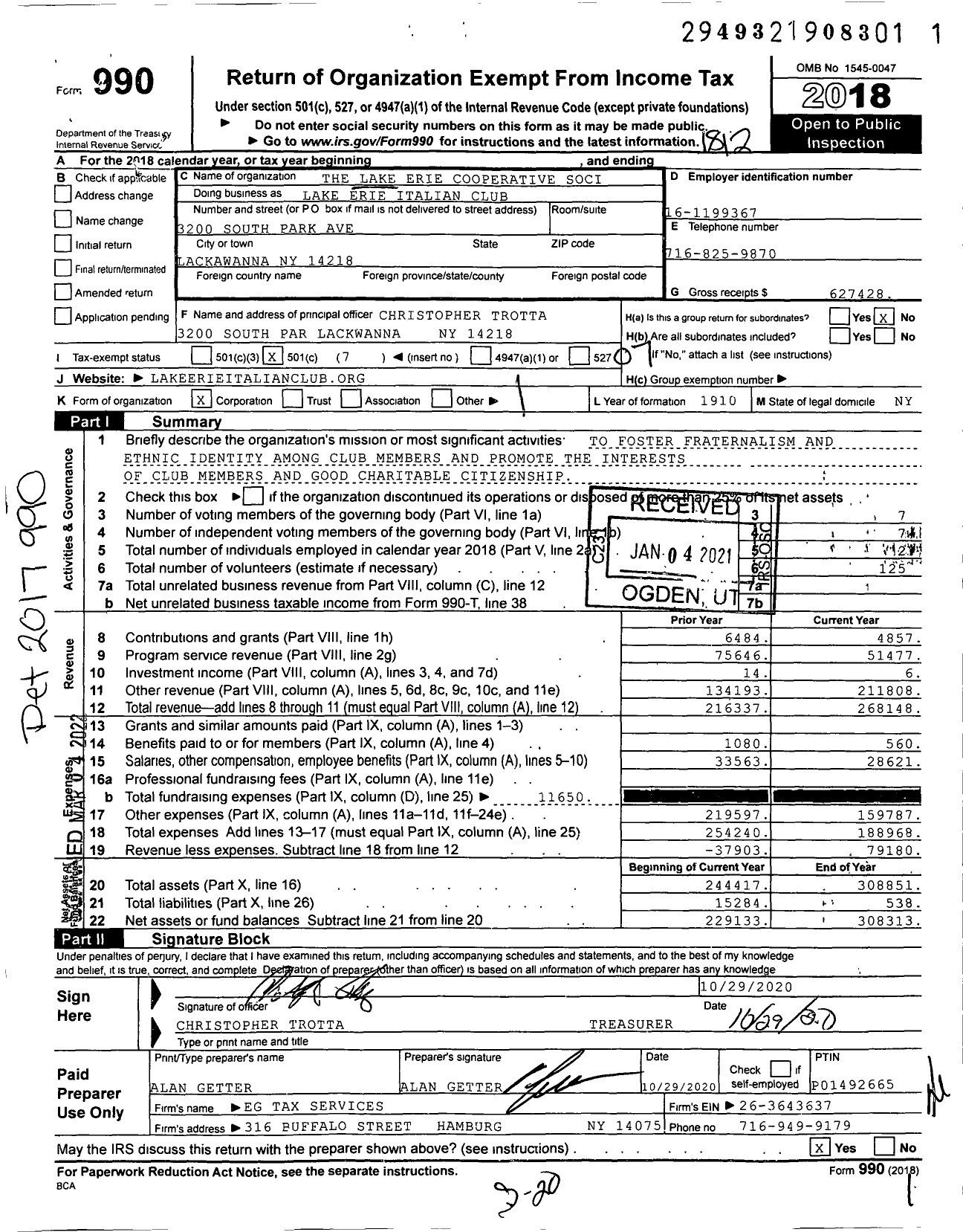 Image of first page of 2018 Form 990O for Lake Erie Cooperative Society