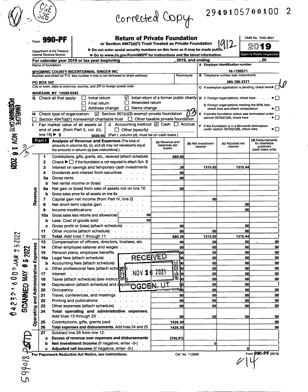 Image of first page of 2019 Form 990PF for Wyoming County Bicentennial Singers