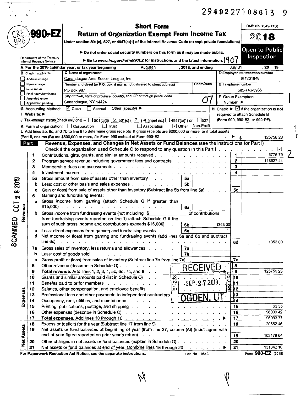 Image of first page of 2018 Form 990EO for Canandaigua Area Soccer League