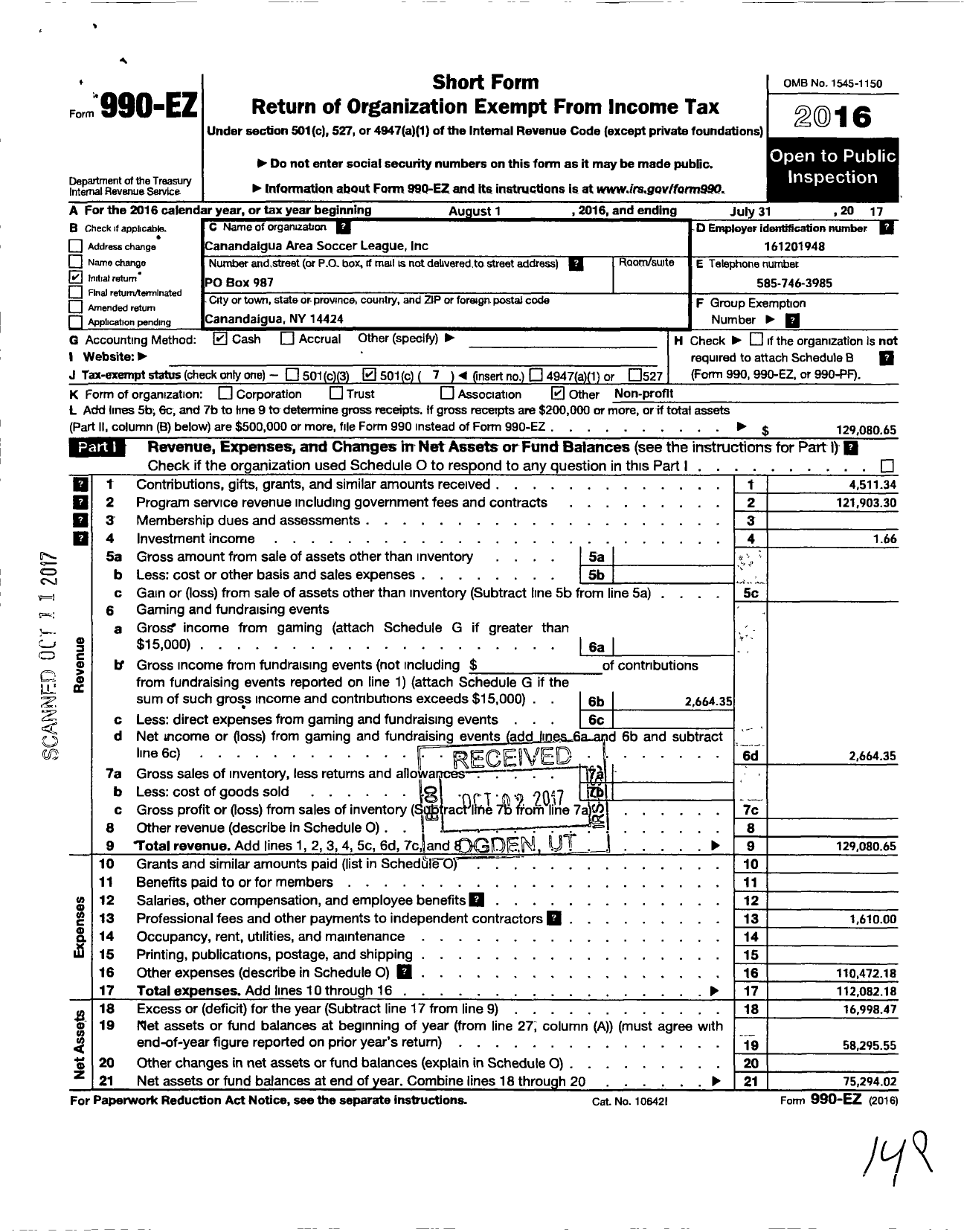 Image of first page of 2016 Form 990EO for Canandaigua Area Soccer League