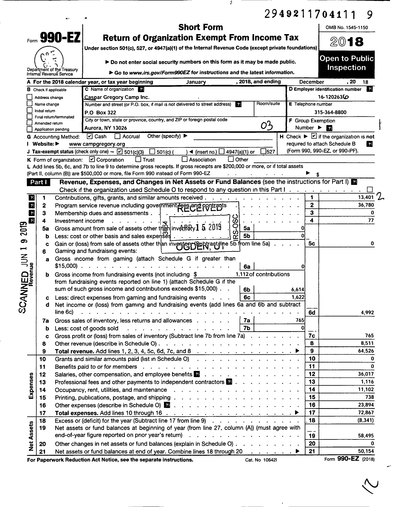 Image of first page of 2018 Form 990EZ for Caspar Gregory Camp