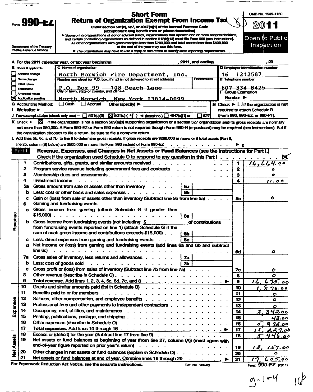 Image of first page of 2011 Form 990EO for North Norwich Fire Department