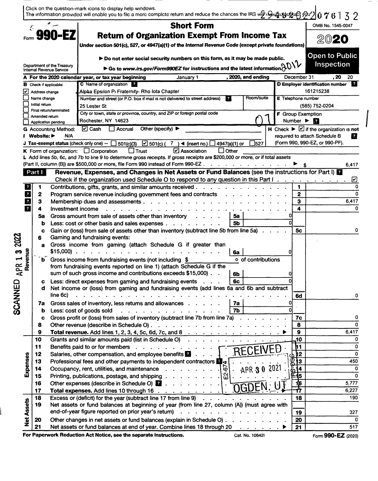 Image of first page of 2020 Form 990EO for Alpha Epsilon Pi Fraternity / Rho Iota Chapter