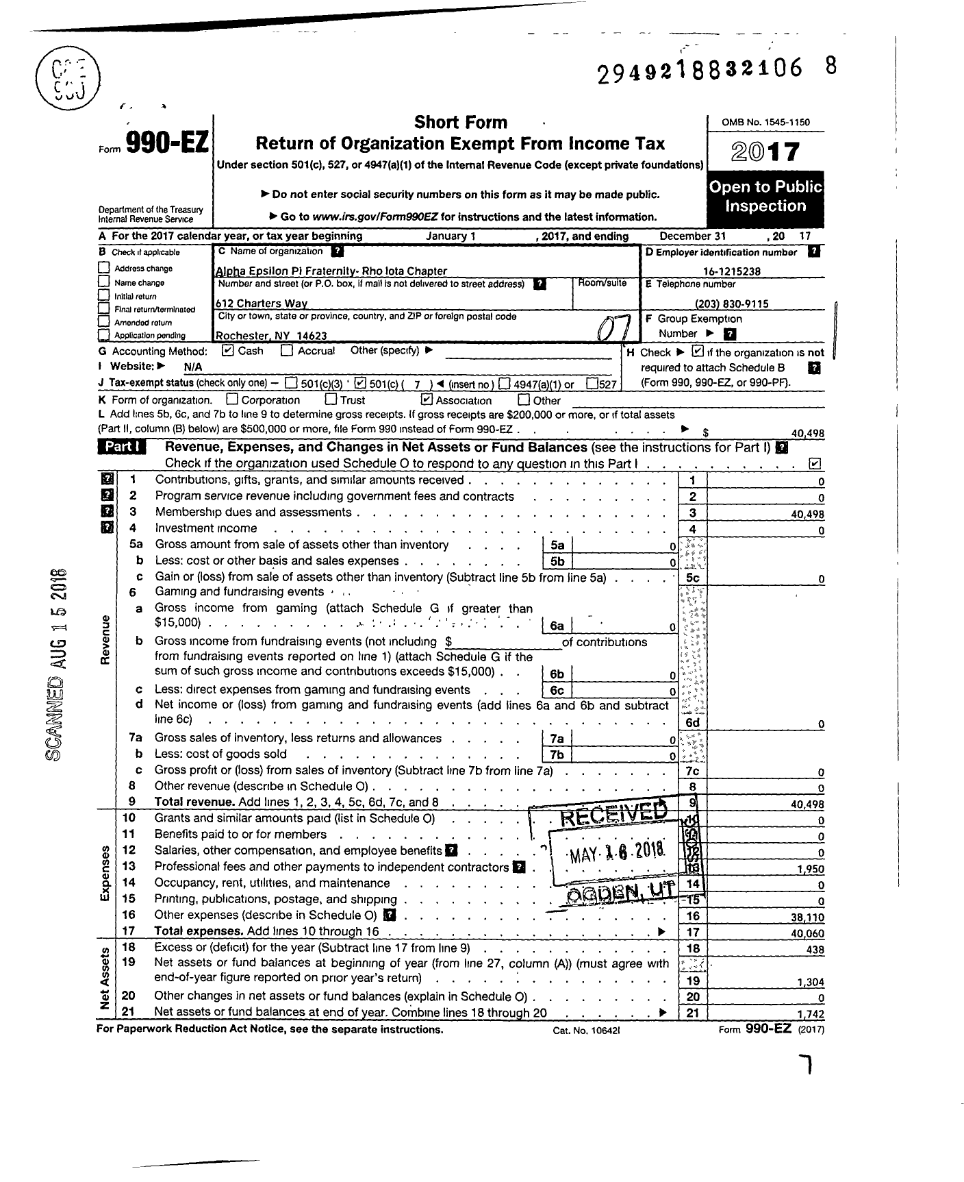 Image of first page of 2017 Form 990EO for Alpha Epsilon Pi Fraternity / Rho Iota Chapter