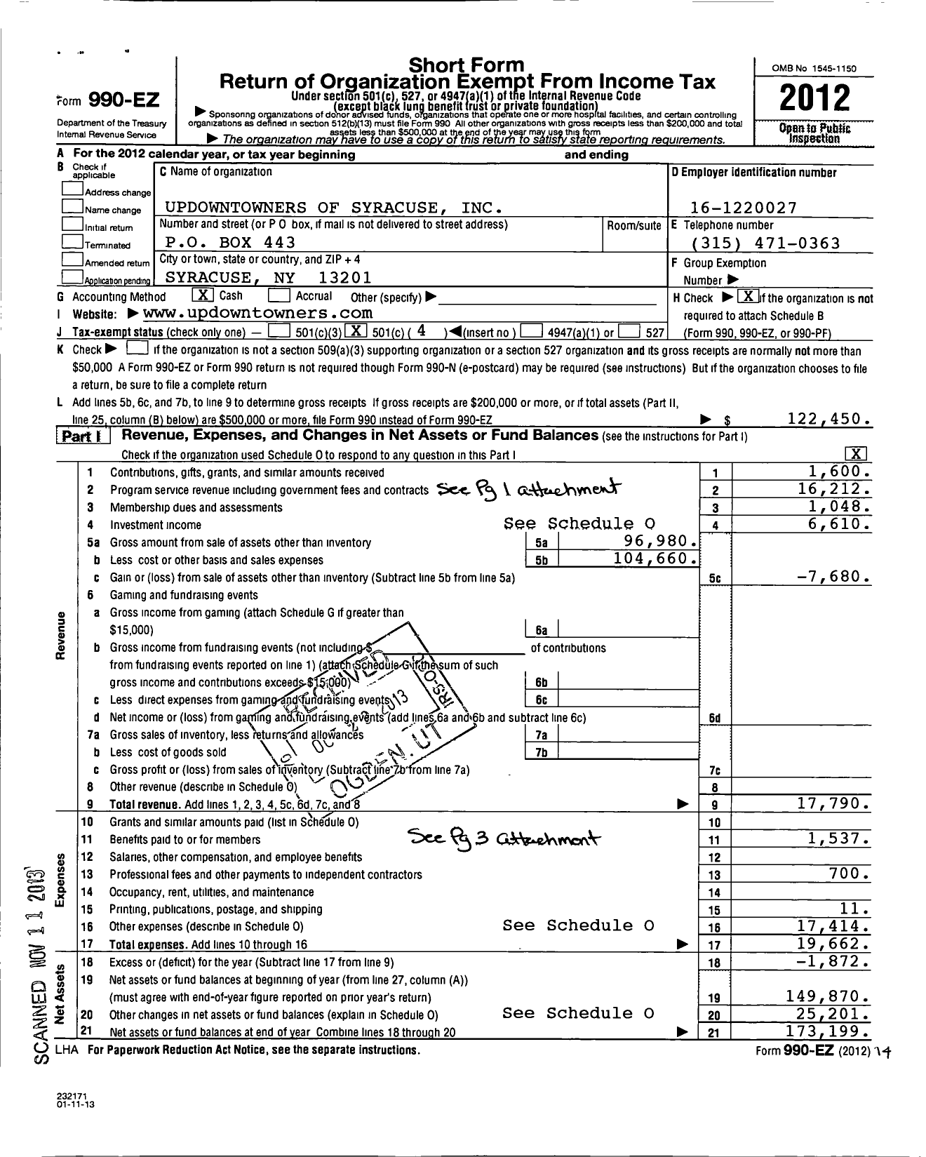 Image of first page of 2012 Form 990EO for Updowntowners of Syracuse