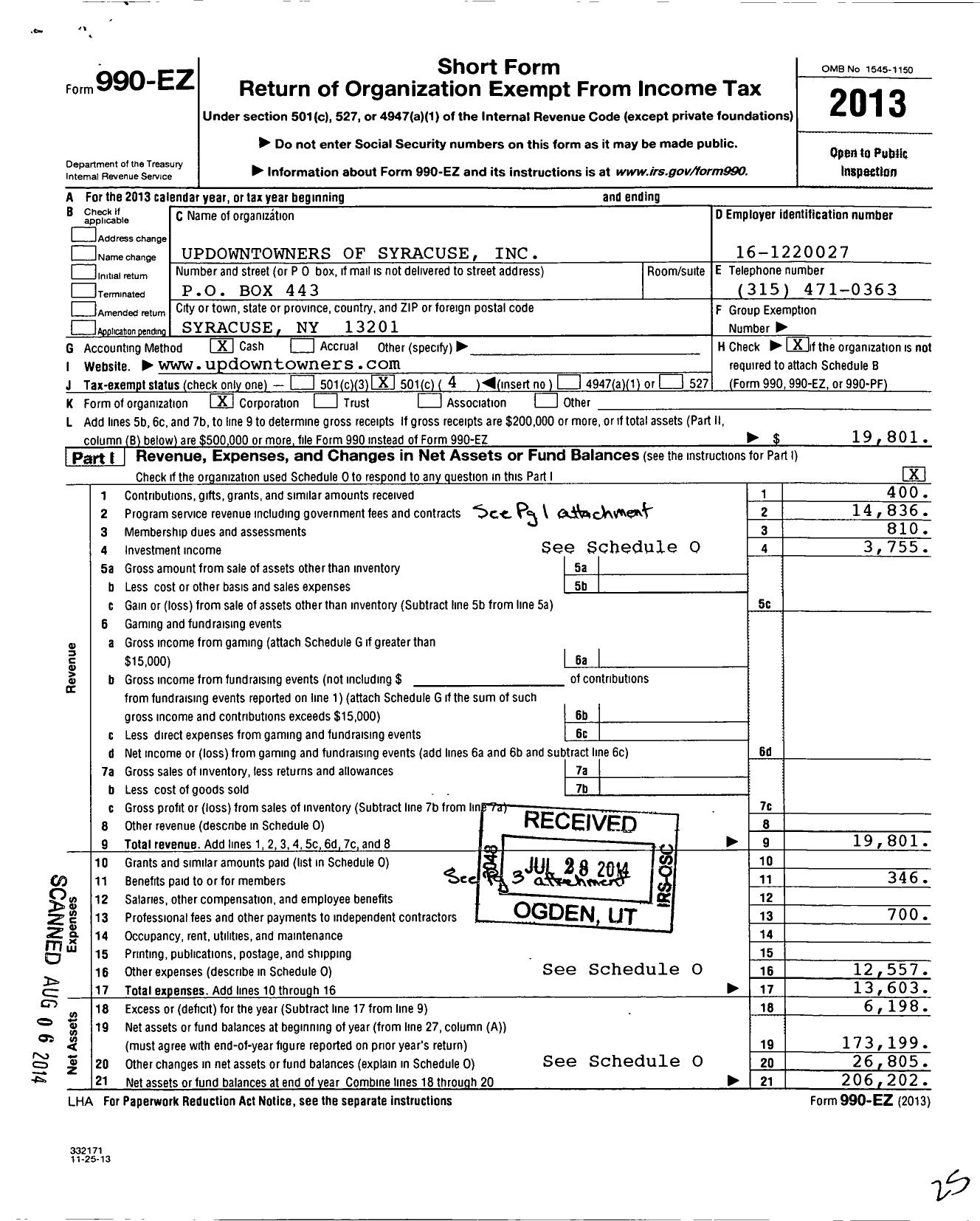 Image of first page of 2013 Form 990EO for Updowntowners of Syracuse