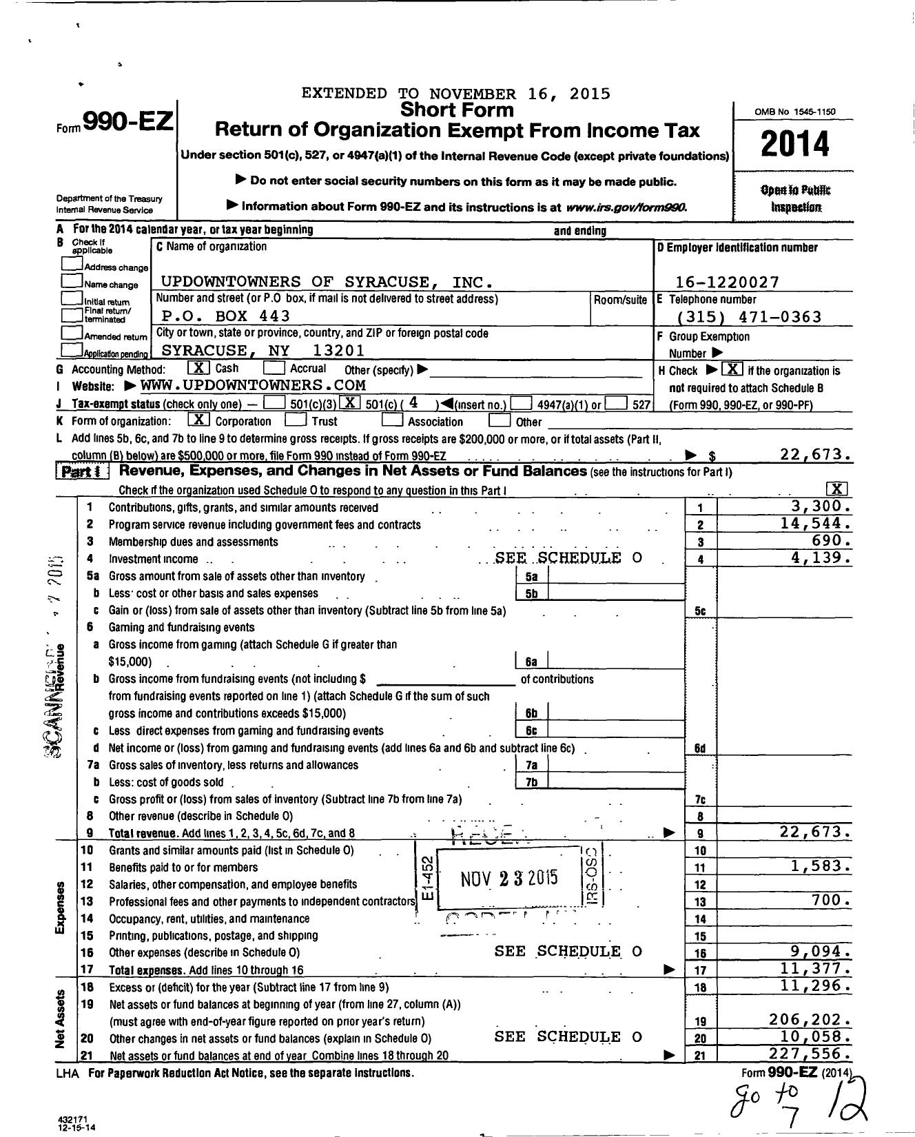 Image of first page of 2014 Form 990EO for Updowntowners of Syracuse
