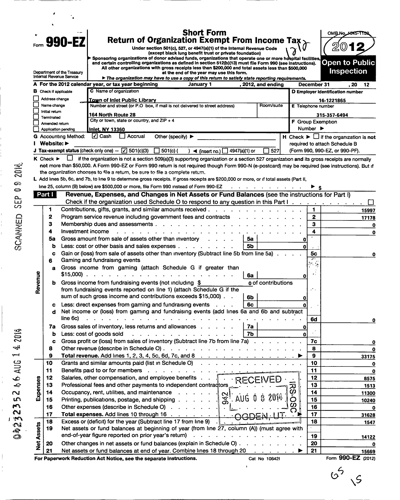 Image of first page of 2012 Form 990EZ for Town of Inlet Public Library