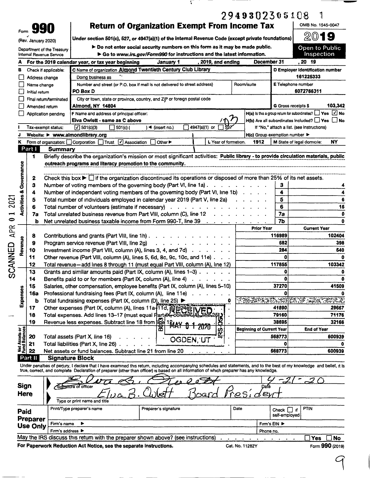 Image of first page of 2019 Form 990 for Almond Twentieth Century Club Library