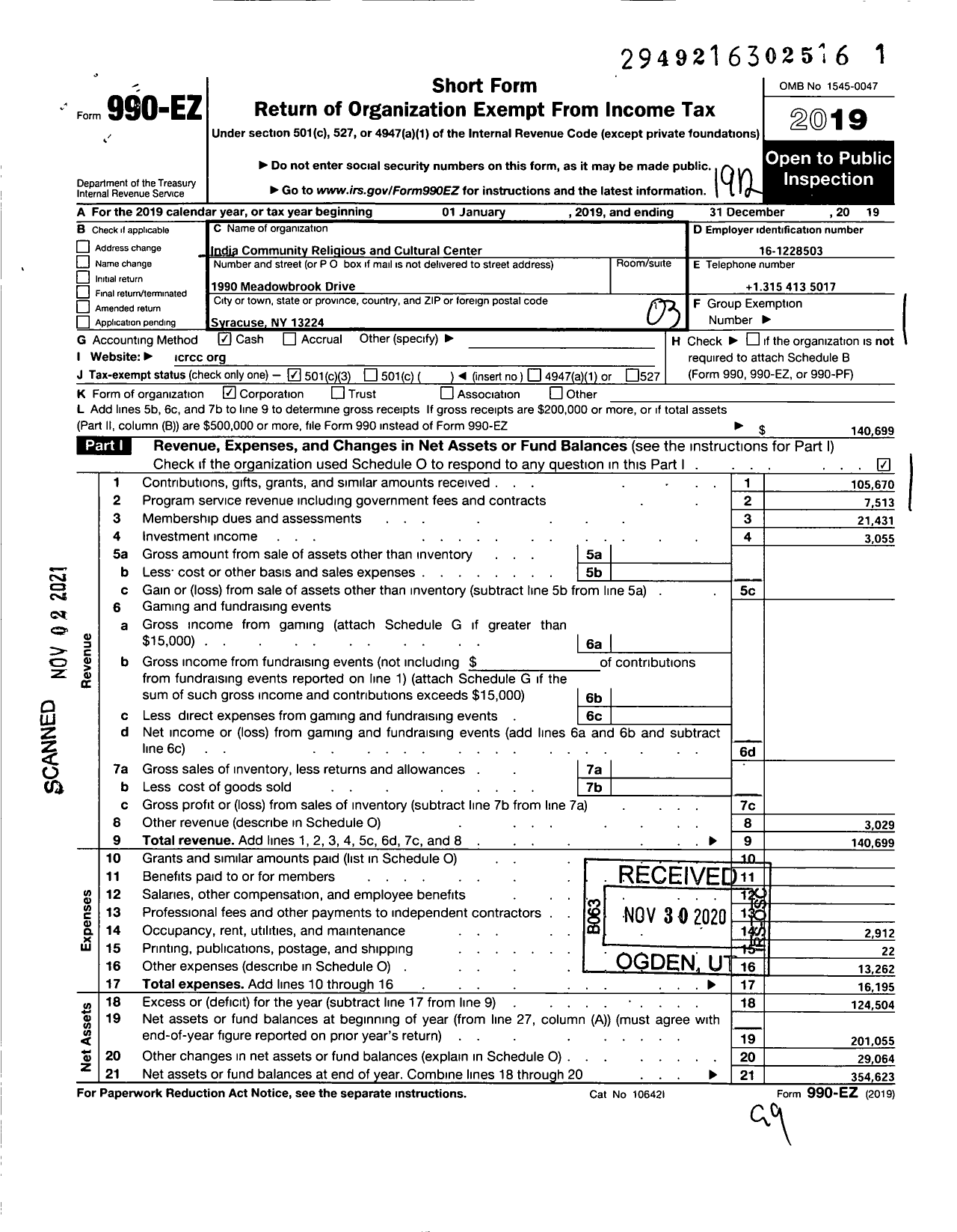 Image of first page of 2019 Form 990EZ for India Community Religious and Cultural Center