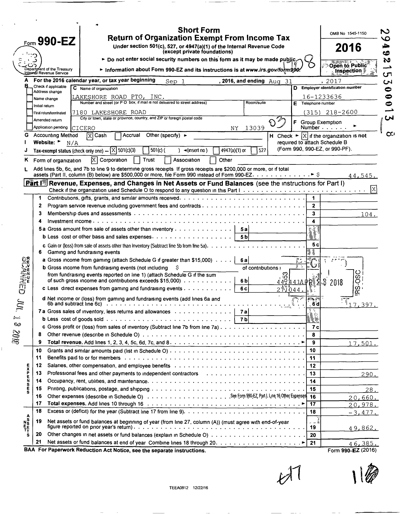 Image of first page of 2016 Form 990EZ for Lakeshore Road PTO