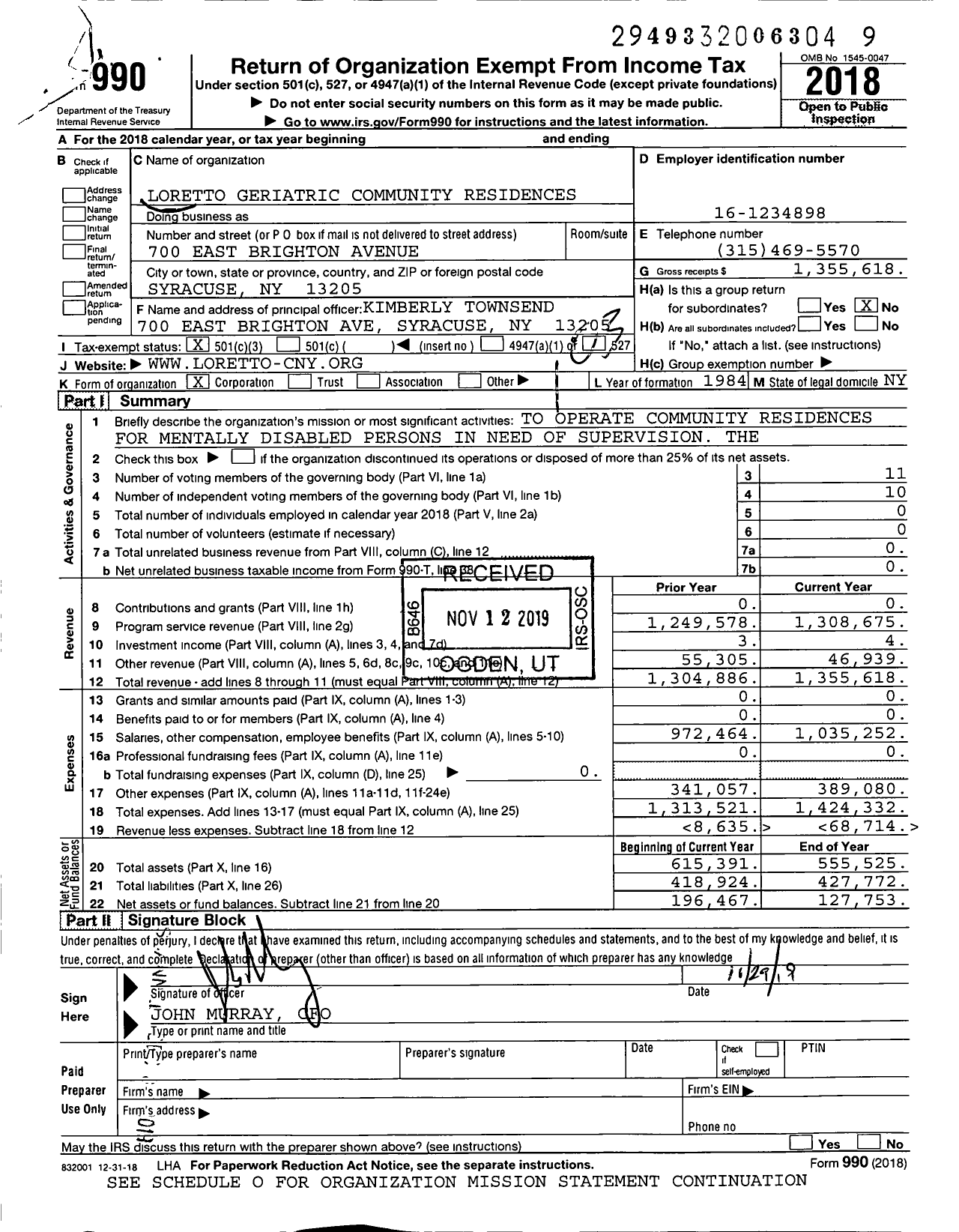 Image of first page of 2018 Form 990 for Loretto Geriatric Community Residences