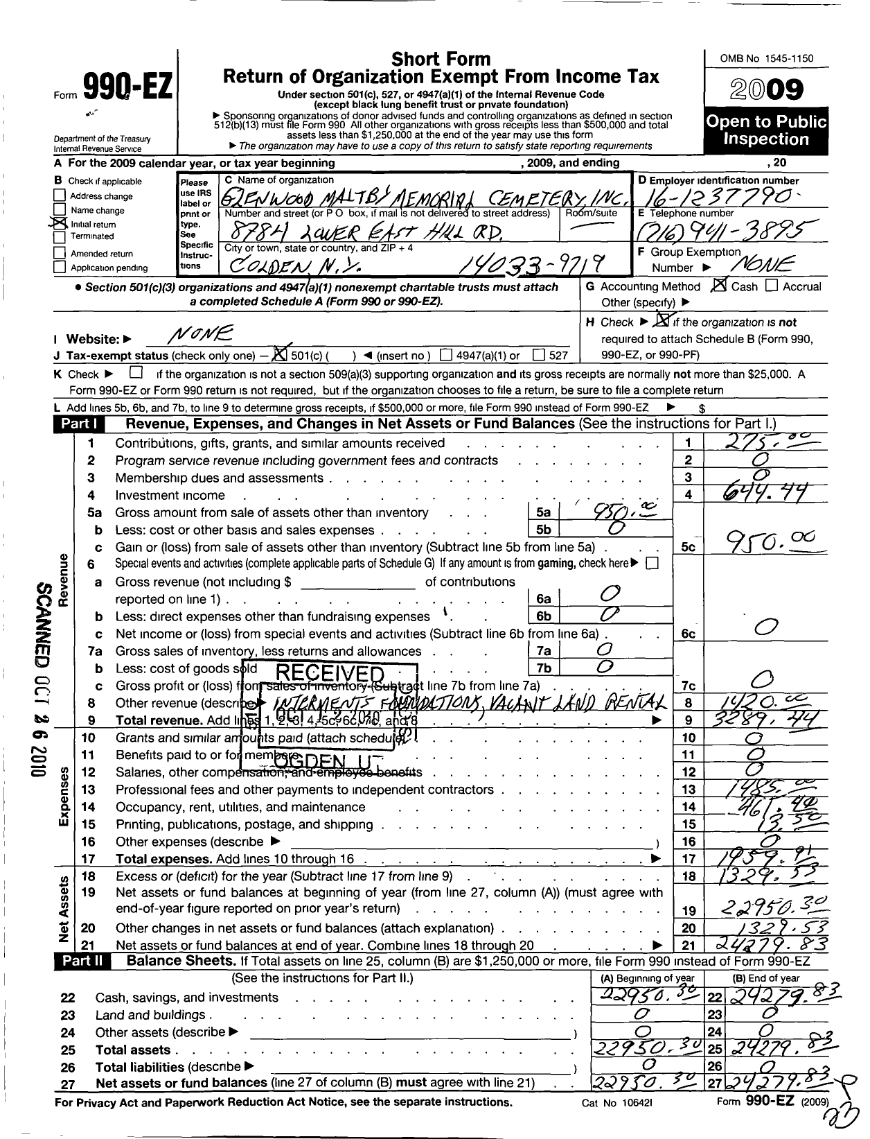 Image of first page of 2009 Form 990EO for Glenwood Maltby Memorial Cemetery Corporation