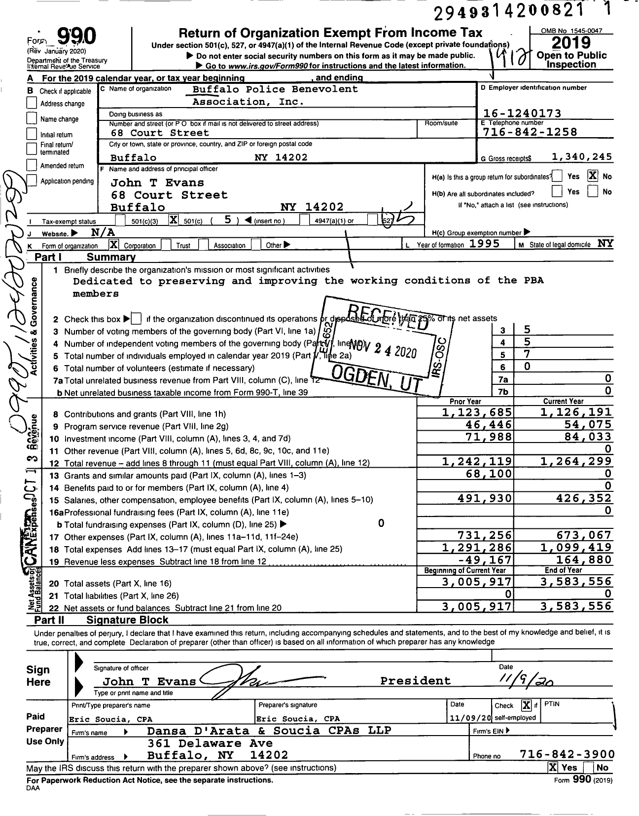 Image of first page of 2019 Form 990O for Buffalo Police Benevolent Association