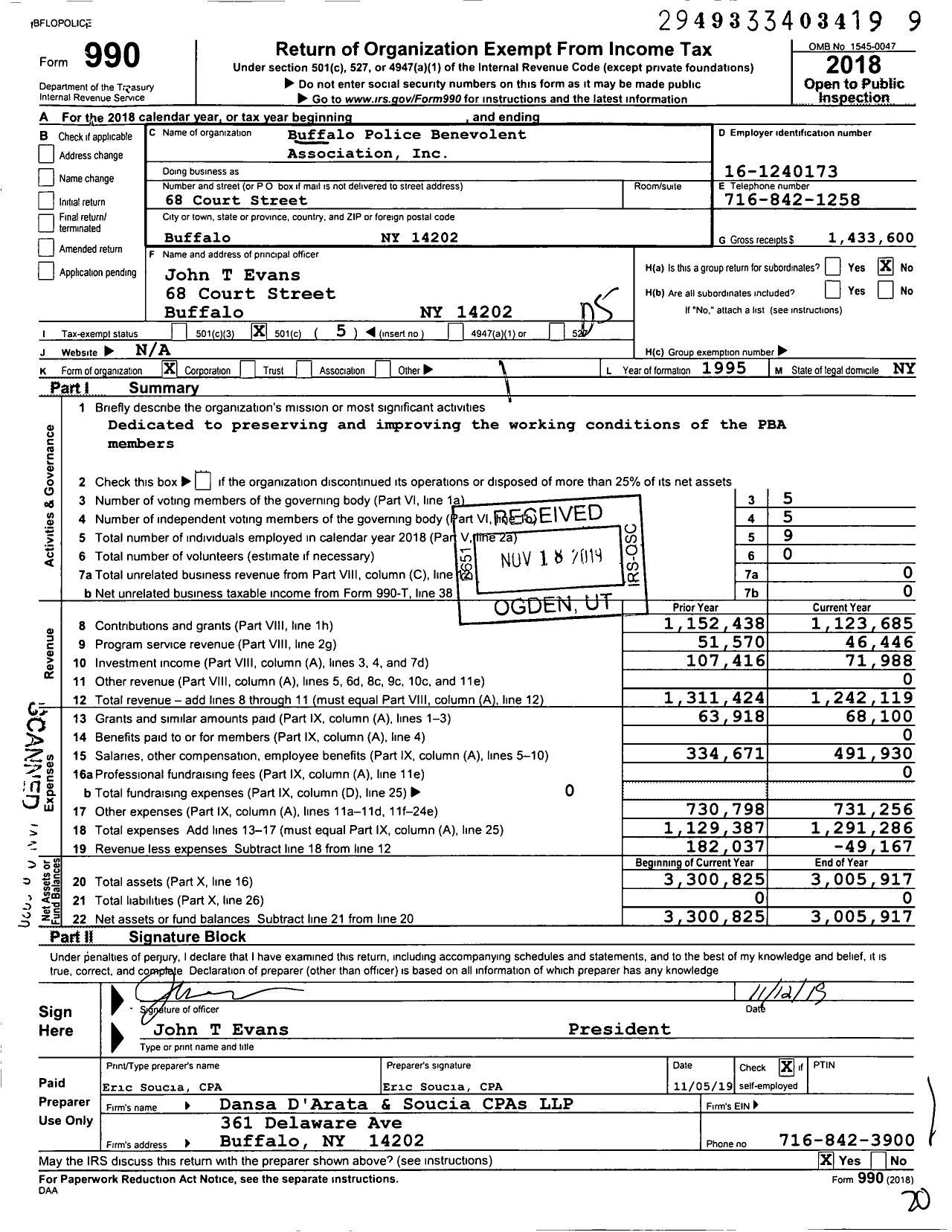 Image of first page of 2018 Form 990O for Buffalo Police Benevolent Association