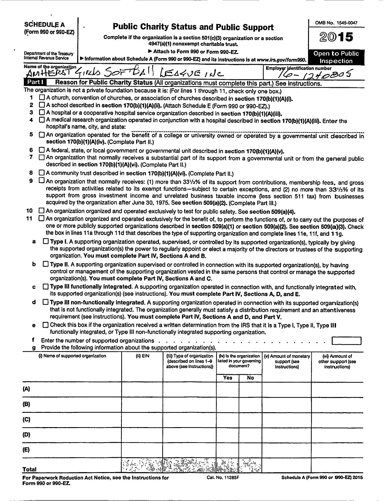 Image of first page of 2015 Form 990R for Amherst Girls Softball League