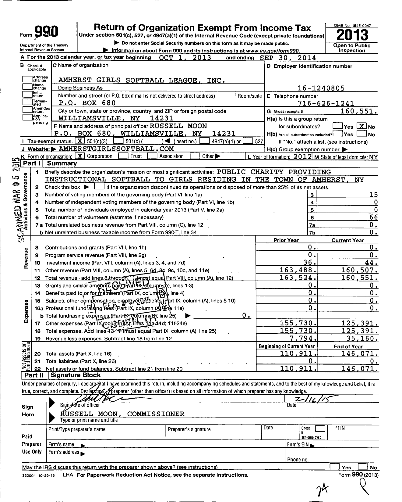 Image of first page of 2013 Form 990 for Amherst Girls Softball League