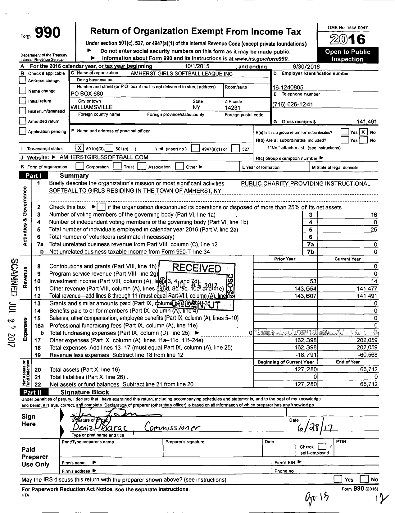 Image of first page of 2015 Form 990 for Amherst Girls Softball League