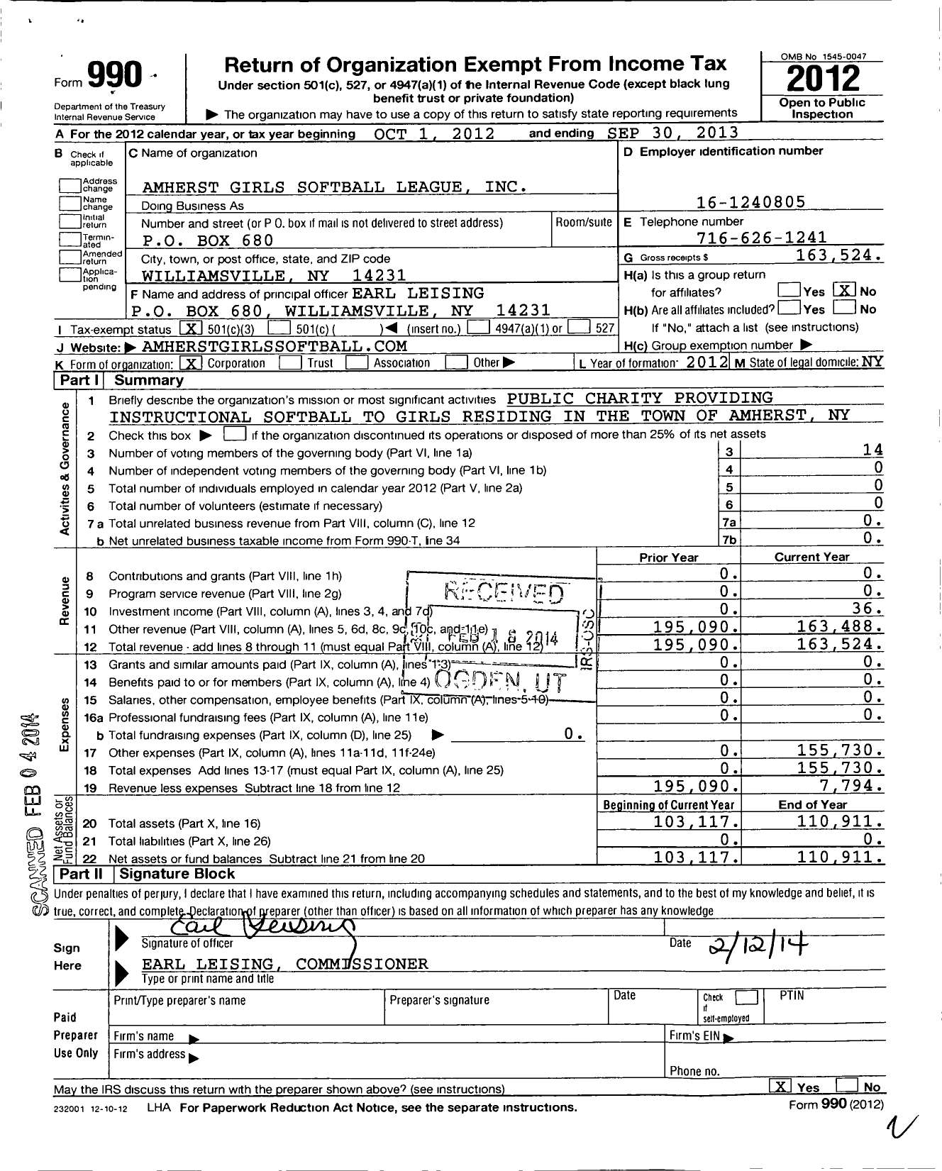 Image of first page of 2012 Form 990 for Amherst Girls Softball League