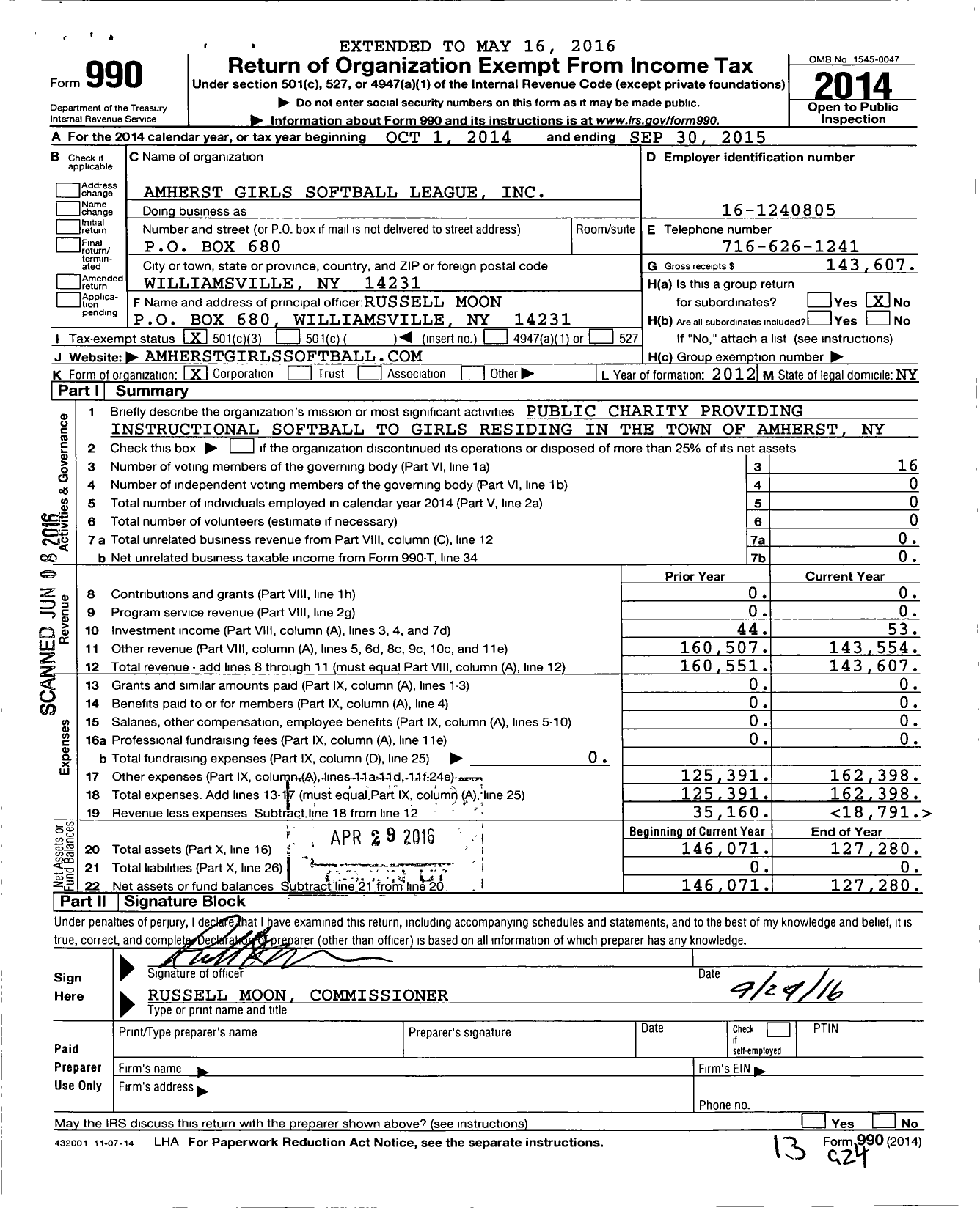 Image of first page of 2014 Form 990 for Amherst Girls Softball League