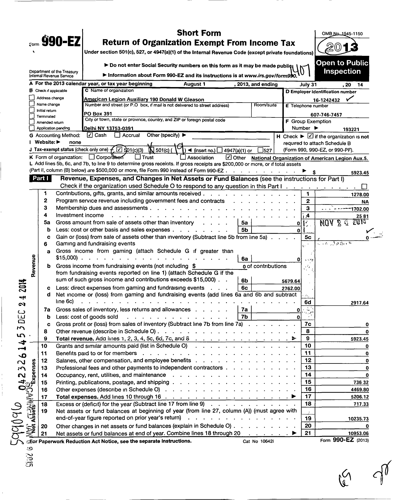 Image of first page of 2013 Form 990EO for American Legion Auxiliary - 190 Donald W Gleason