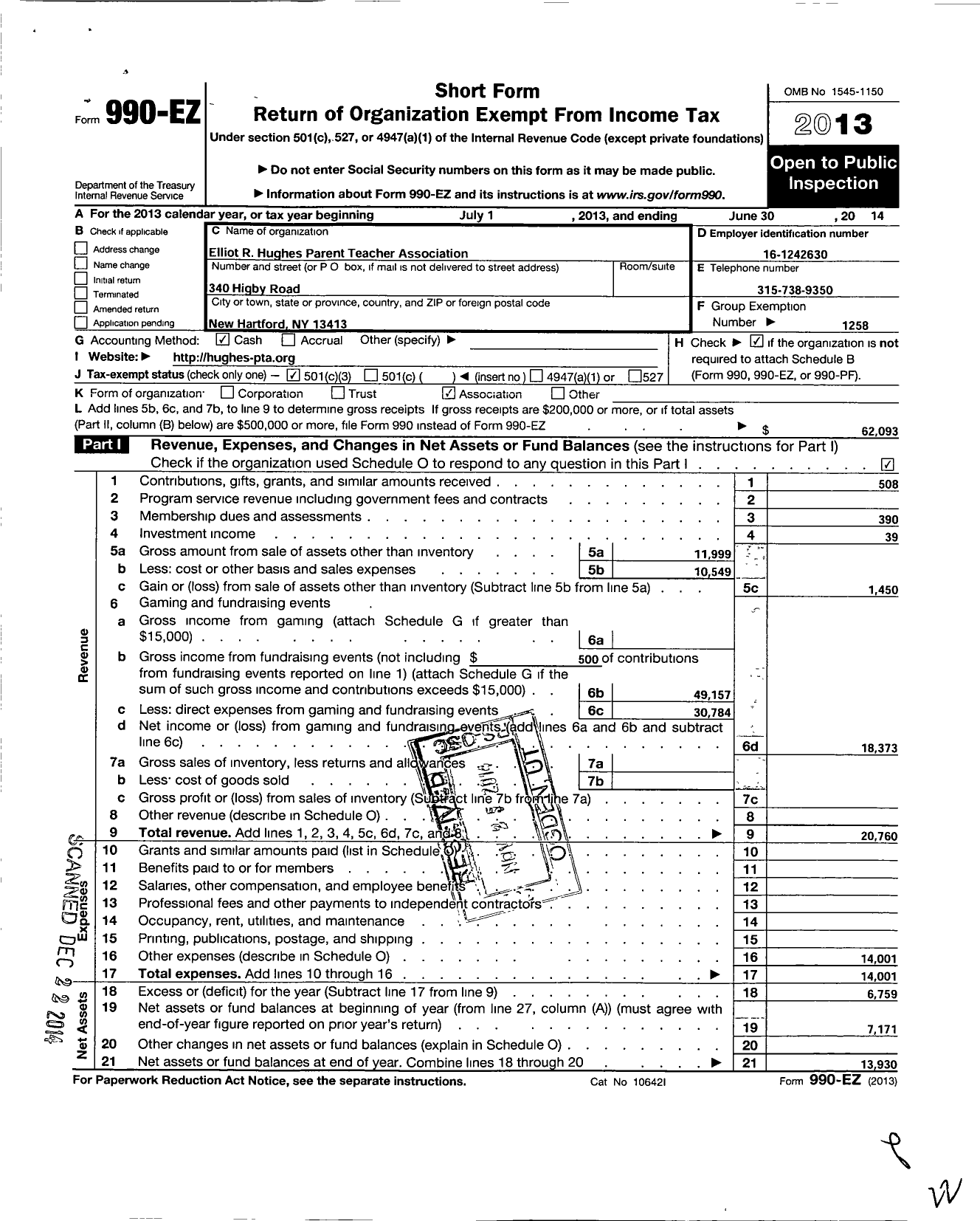Image of first page of 2013 Form 990EZ for New York State PTA - 06-329 E R Hughes Elementary PTA