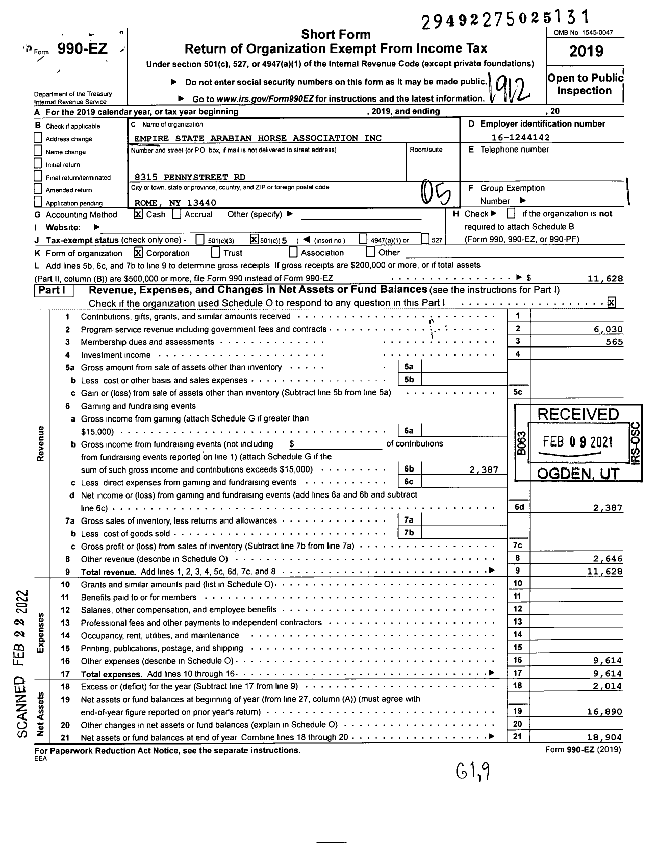 Image of first page of 2019 Form 990EO for Empire State Arabian Horse Association