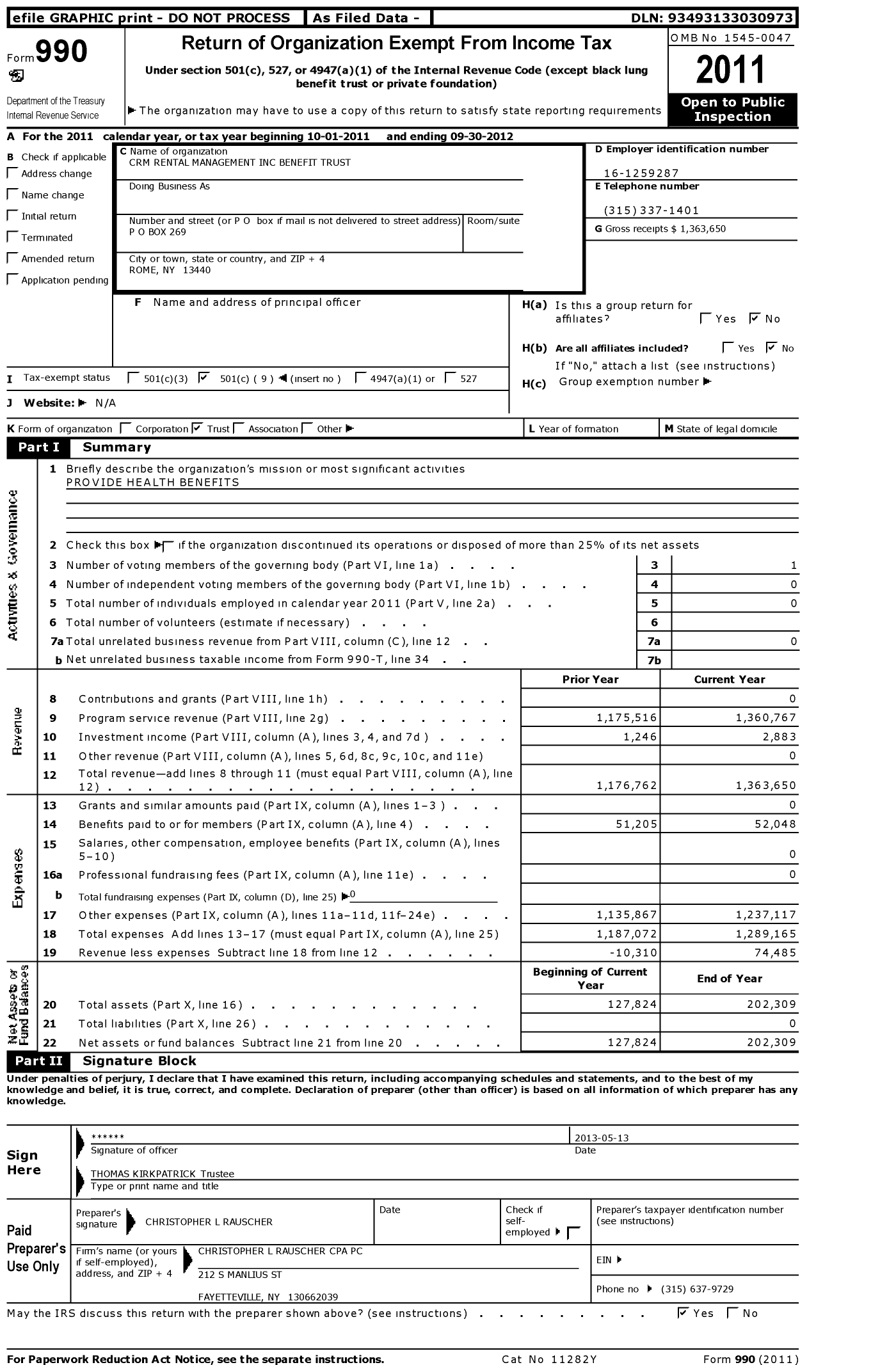 Image of first page of 2011 Form 990O for CRM Rental Management Benefit Trust