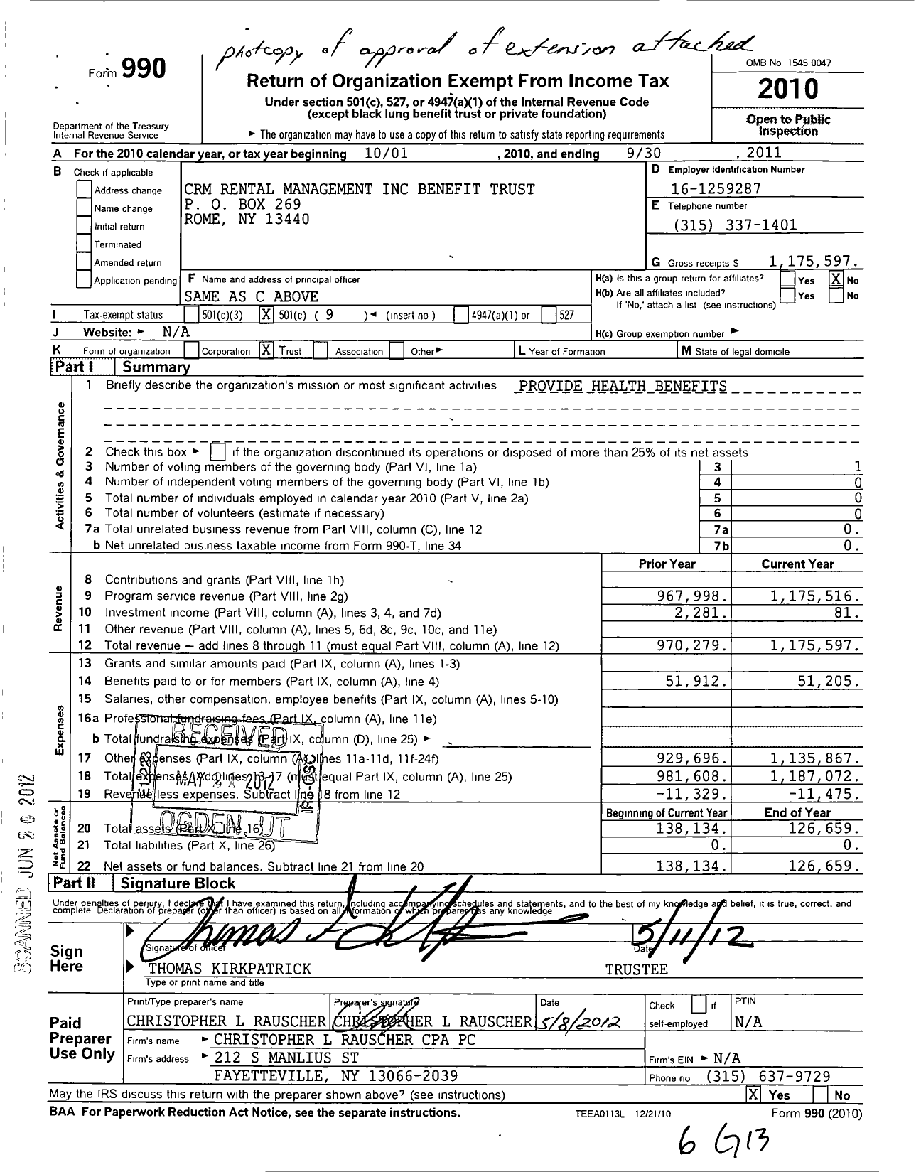Image of first page of 2010 Form 990O for CRM Rental Management Benefit Trust