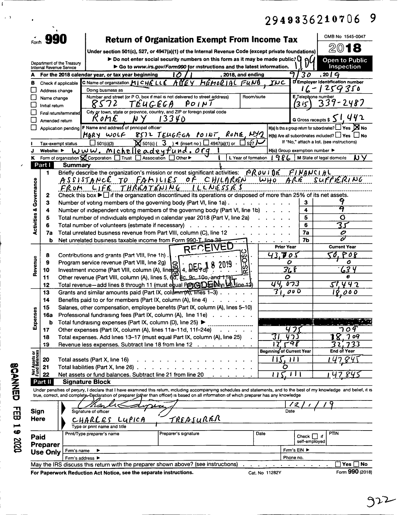 Image of first page of 2018 Form 990 for The Michelle M Adey Memorial Fund