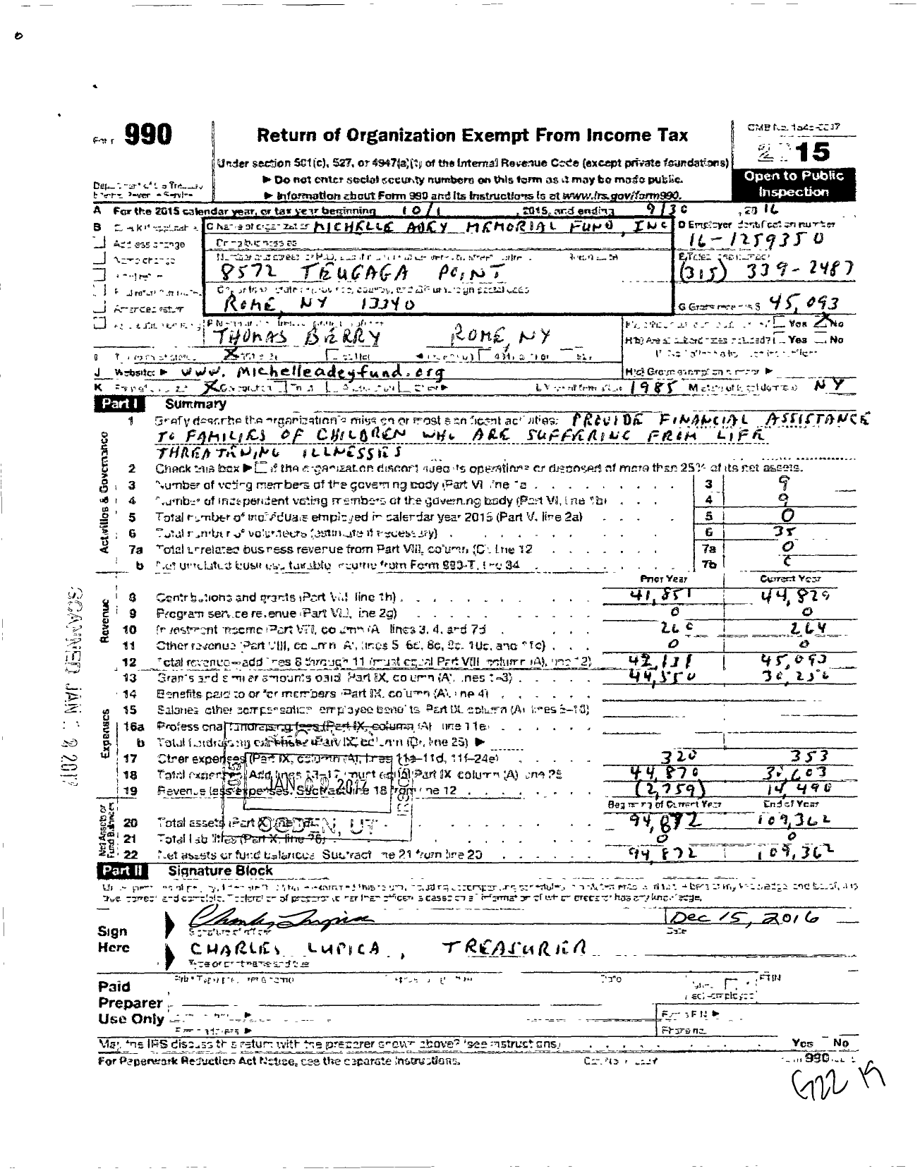 Image of first page of 2015 Form 990 for The Michelle M Adey Memorial Fund