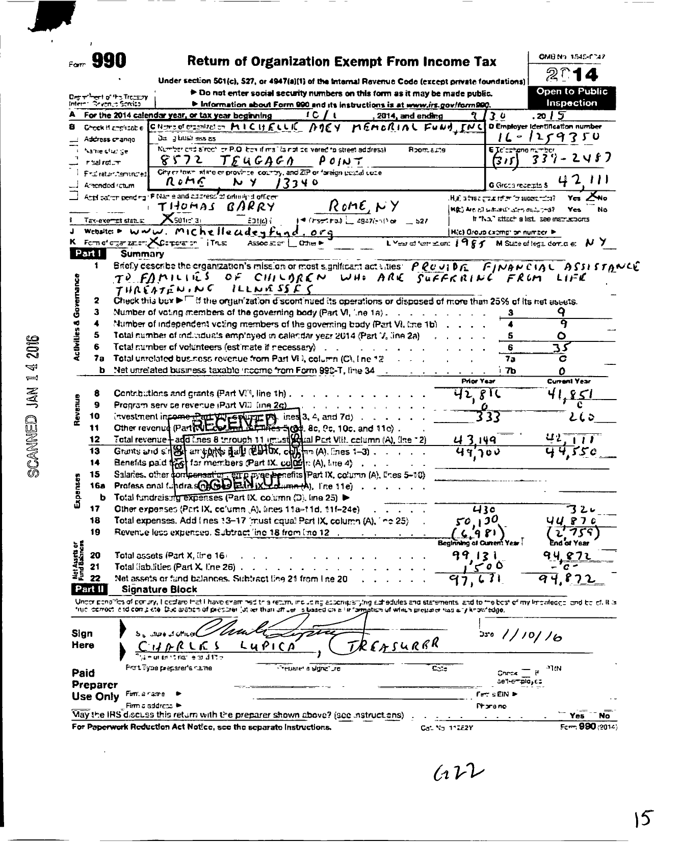 Image of first page of 2014 Form 990 for The Michelle M Adey Memorial Fund