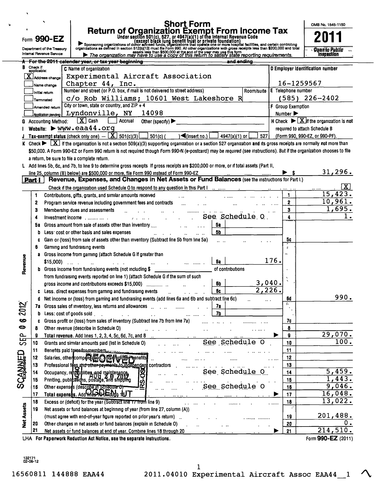 Image of first page of 2011 Form 990EZ for Experimental Aircraft Association Chapter 44