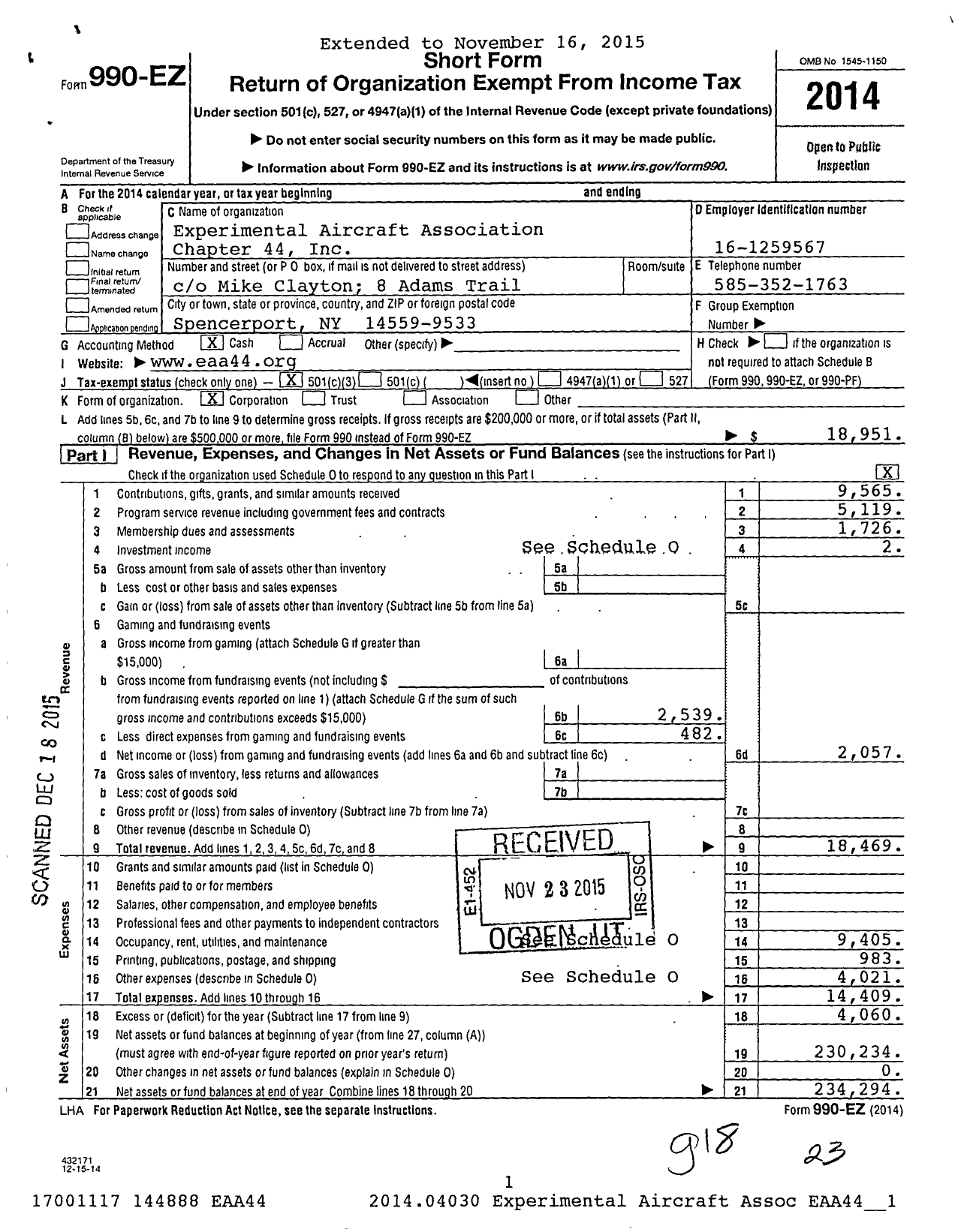 Image of first page of 2014 Form 990EZ for Experimental Aircraft Association Chapter 44