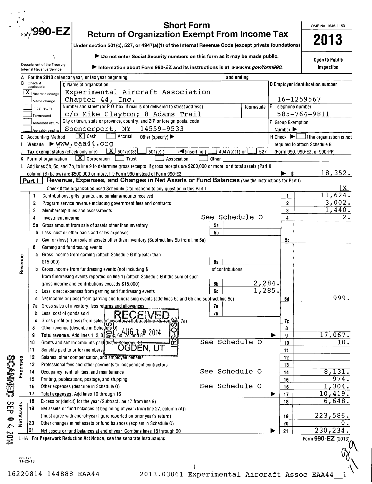 Image of first page of 2013 Form 990EZ for Experimental Aircraft Association Chapter 44