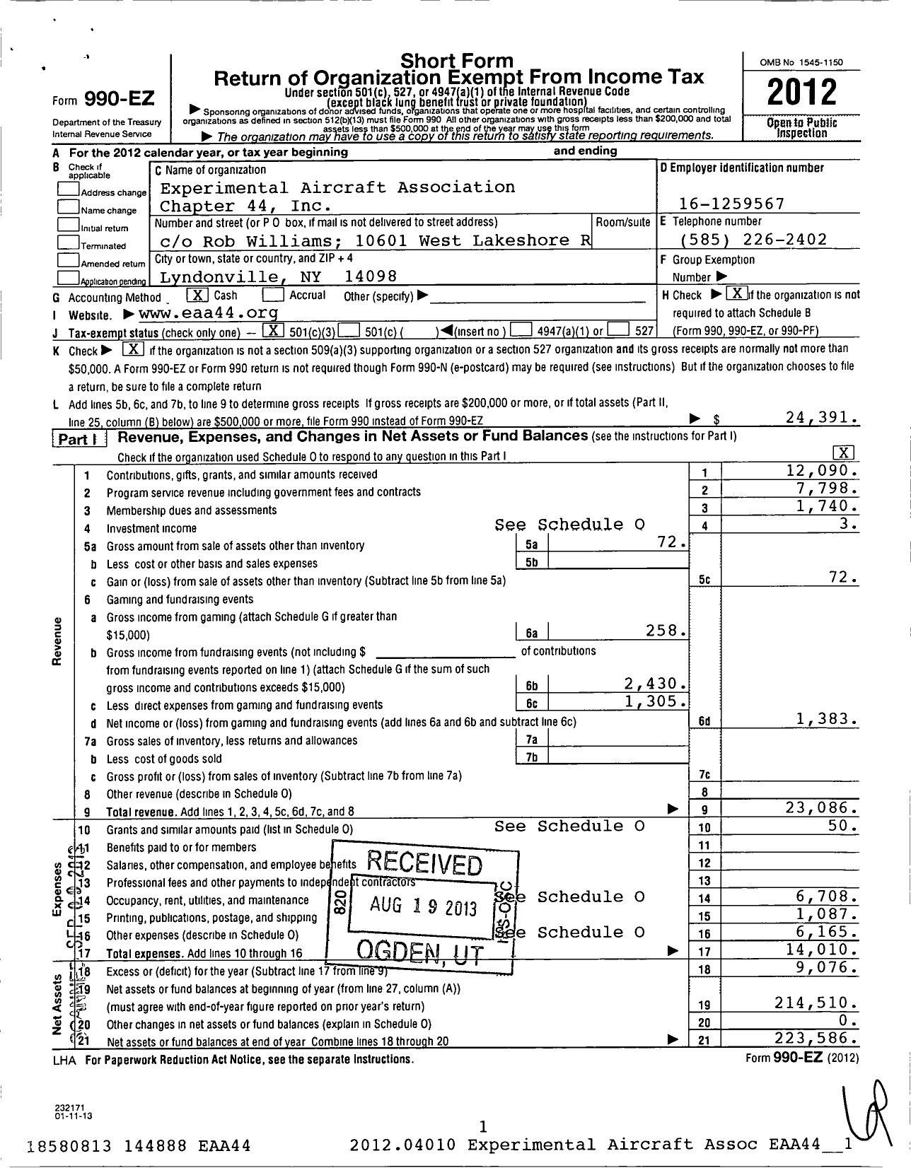 Image of first page of 2012 Form 990EZ for Experimental Aircraft Association Chapter 44