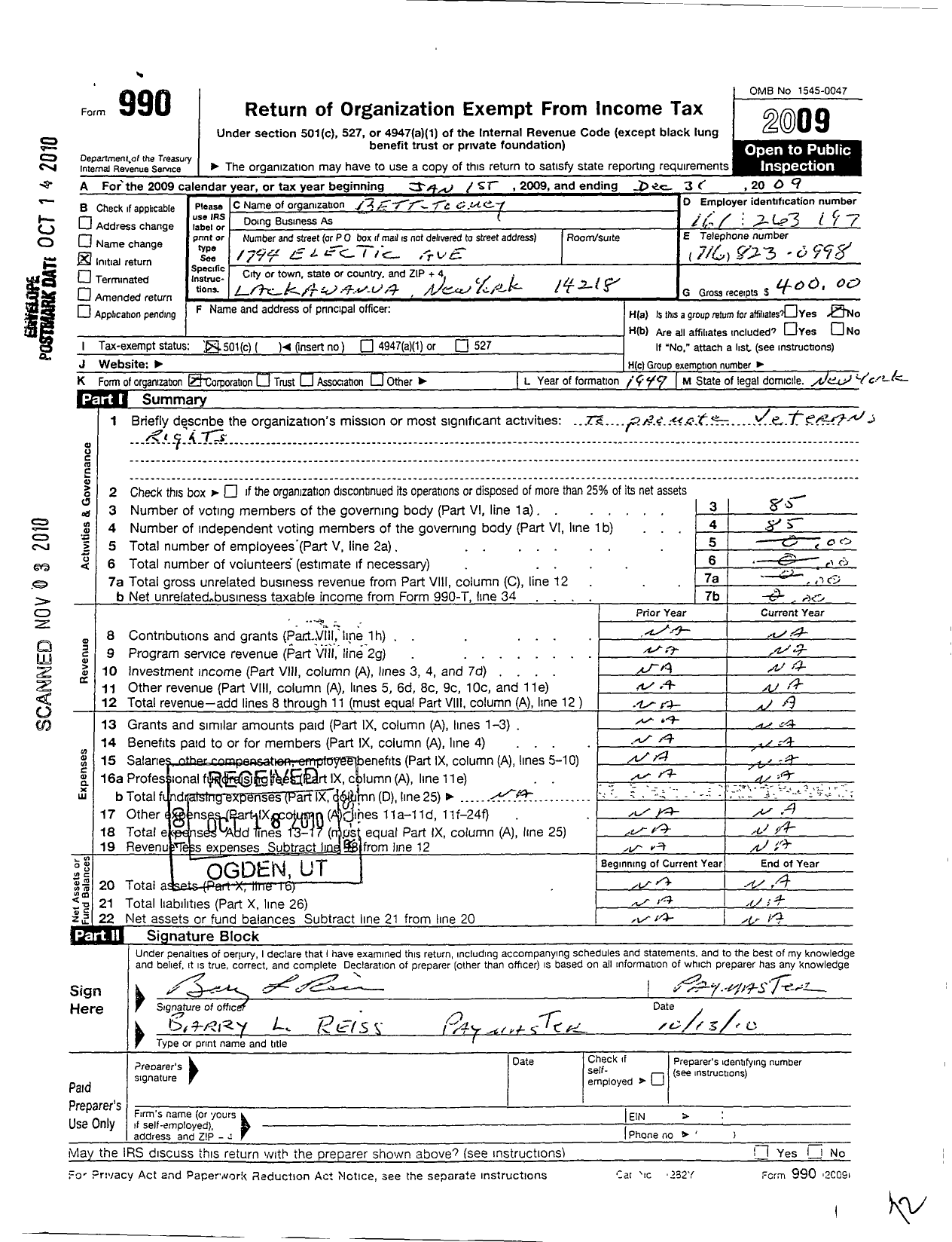 Image of first page of 2009 Form 990O for Marine Corps League - 216 Bett-Toomey Det MCL