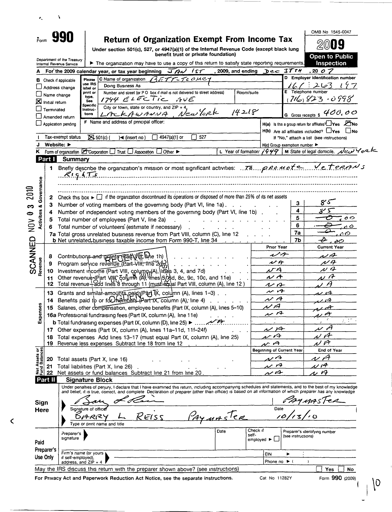 Image of first page of 2007 Form 990O for Marine Corps League - 216 Bett-Toomey Det MCL