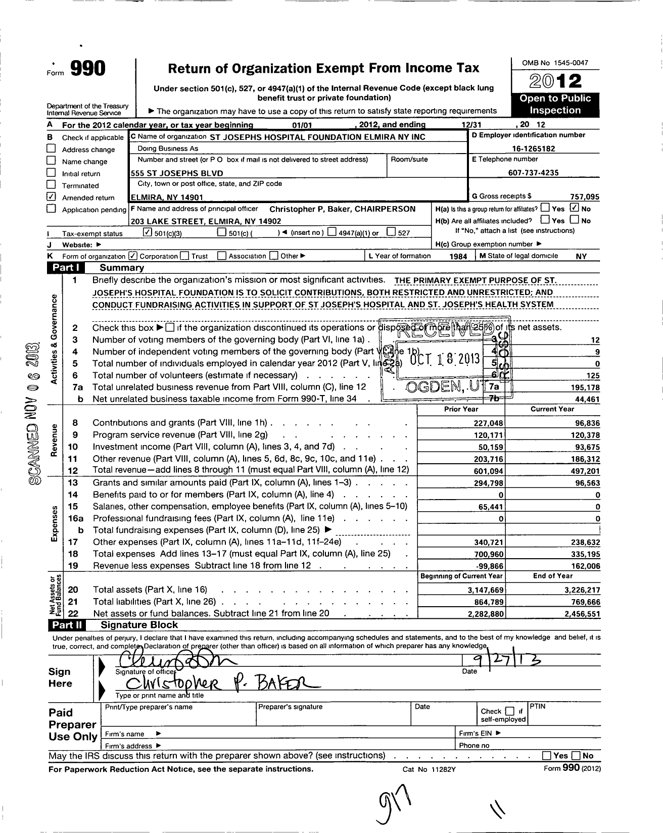 Image of first page of 2012 Form 990 for St Josephs Hospital Foundation Elmira Ny