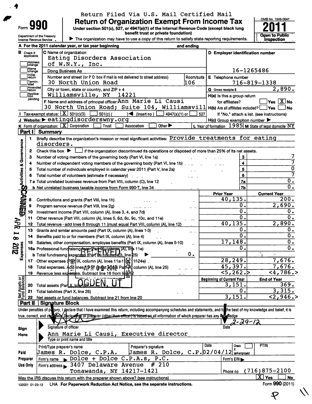 Image of first page of 2011 Form 990 for Eating Disorders Association of WNY