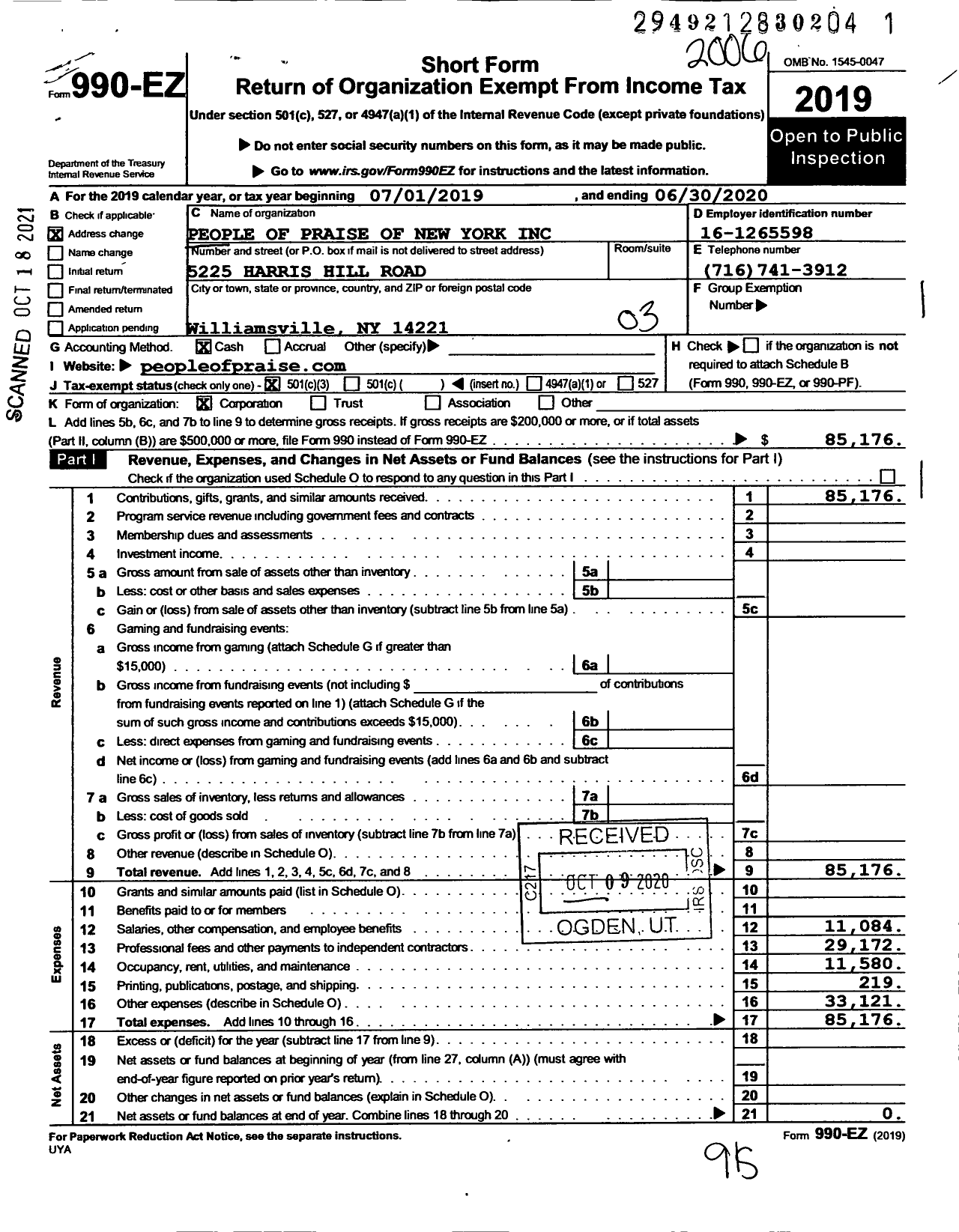 Image of first page of 2019 Form 990EZ for People of Praise of New York