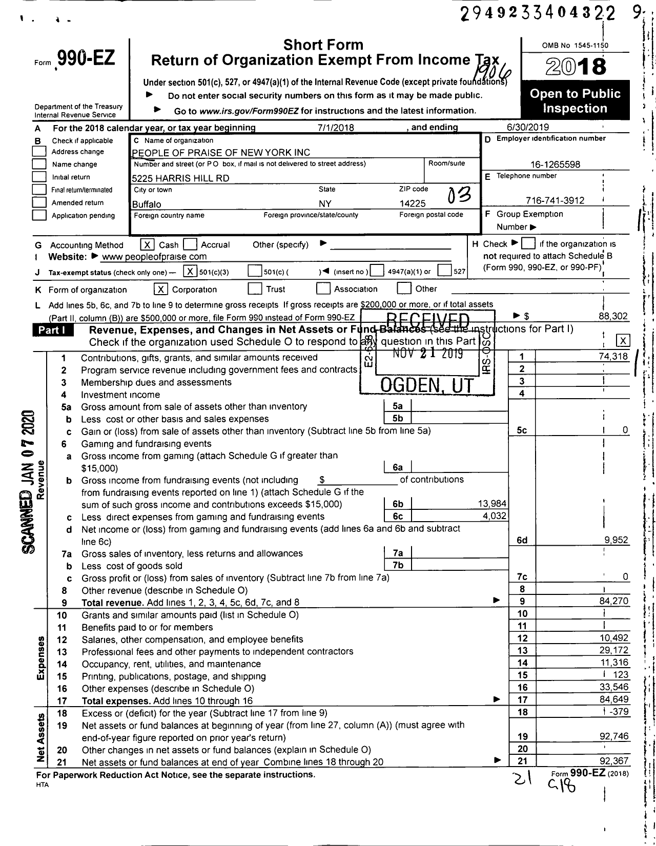 Image of first page of 2018 Form 990EZ for People of Praise of New York