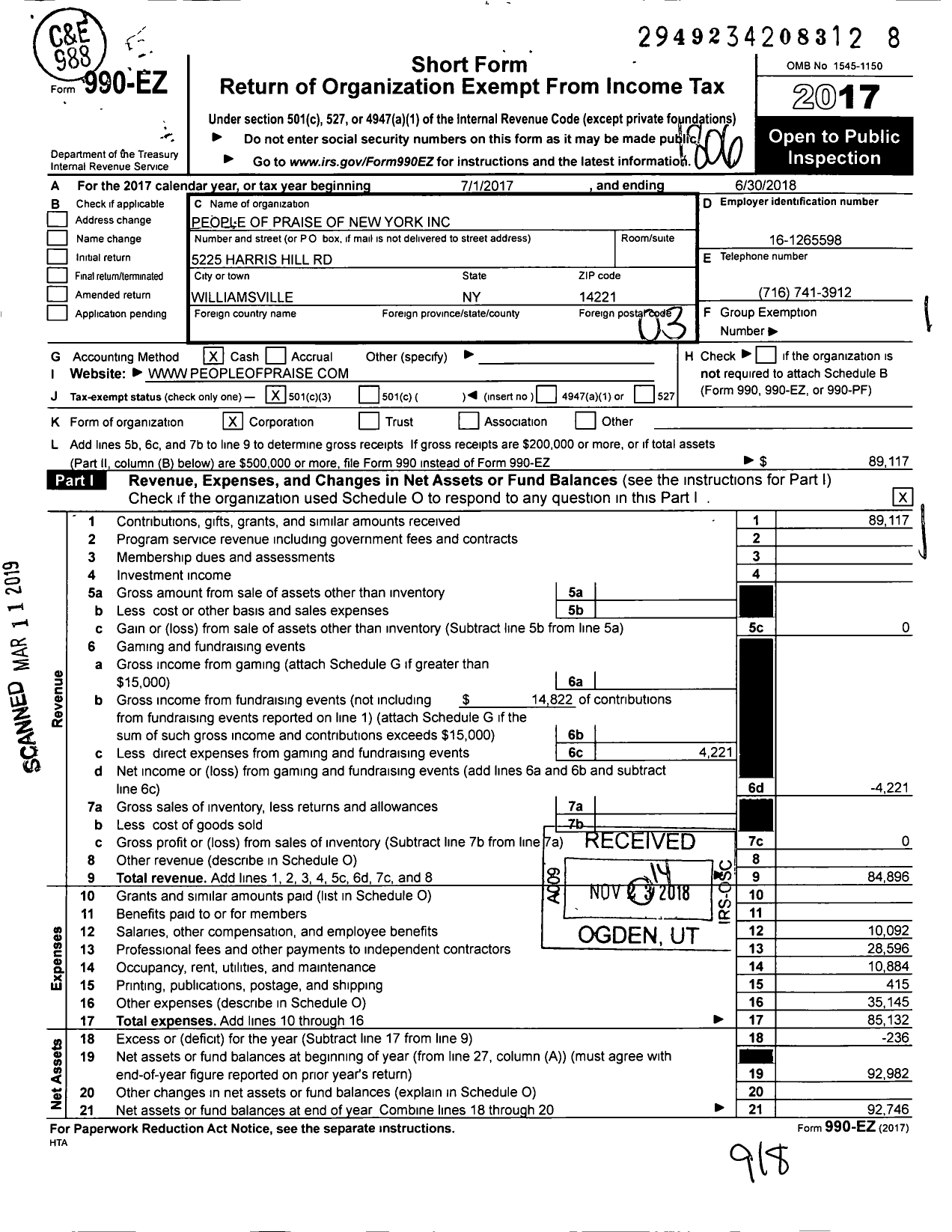 Image of first page of 2017 Form 990EZ for People of Praise of New York