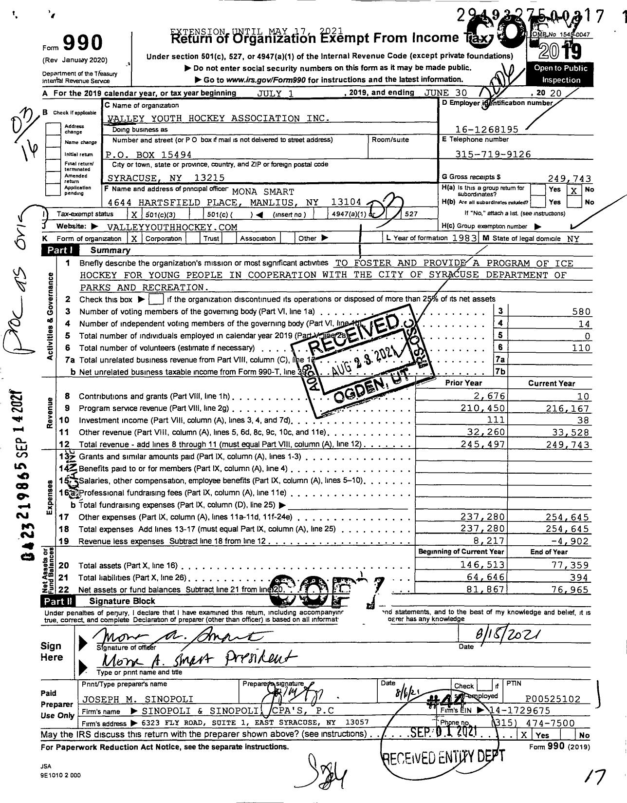 Image of first page of 2019 Form 990 for Valley Youth Hockey Association