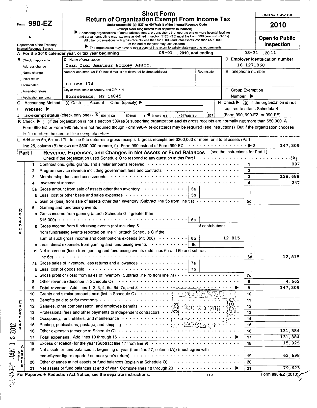 Image of first page of 2010 Form 990EZ for Twin Tier Amateur Hockey Assoc