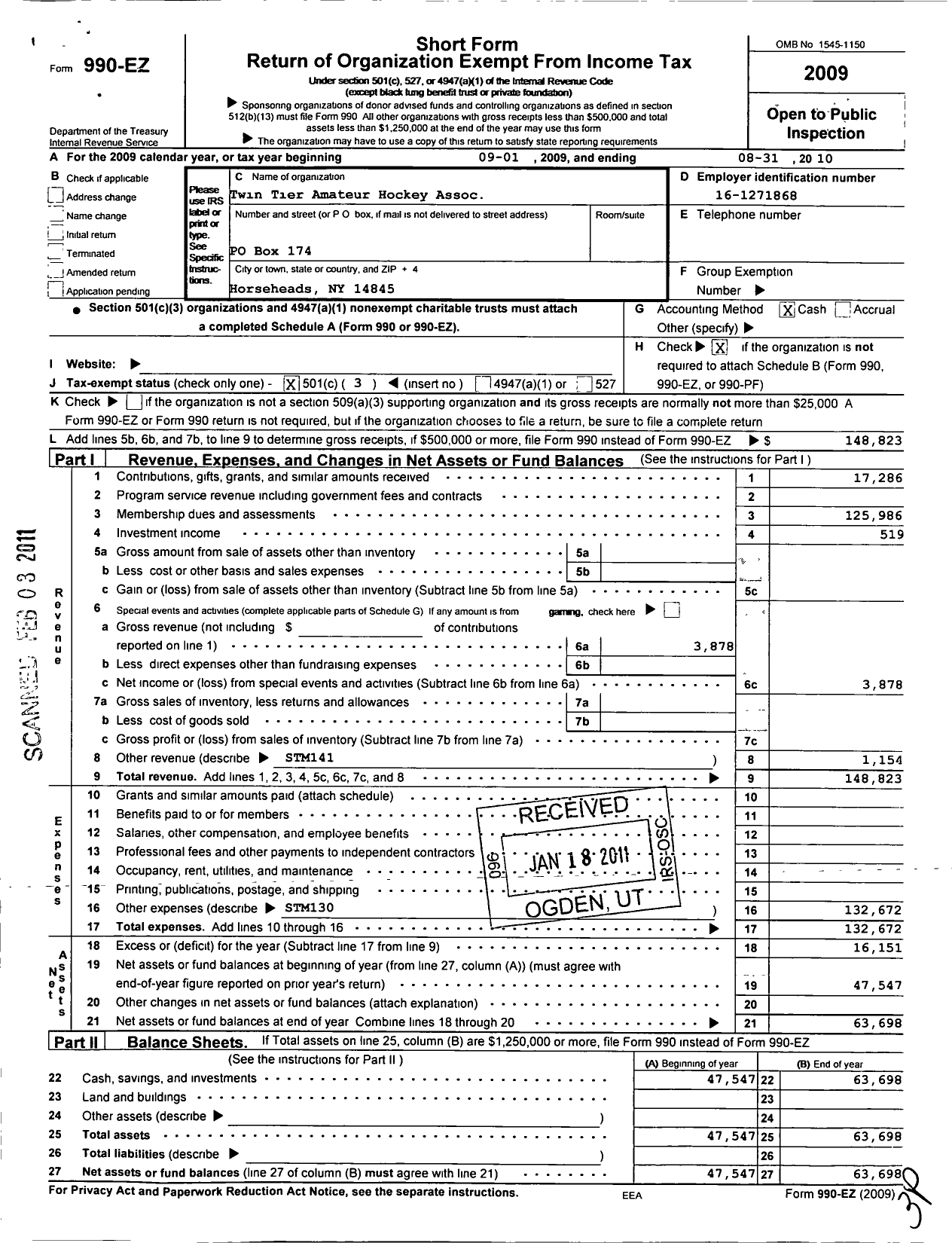 Image of first page of 2009 Form 990EZ for Twin Tier Amateur Hockey Assoc